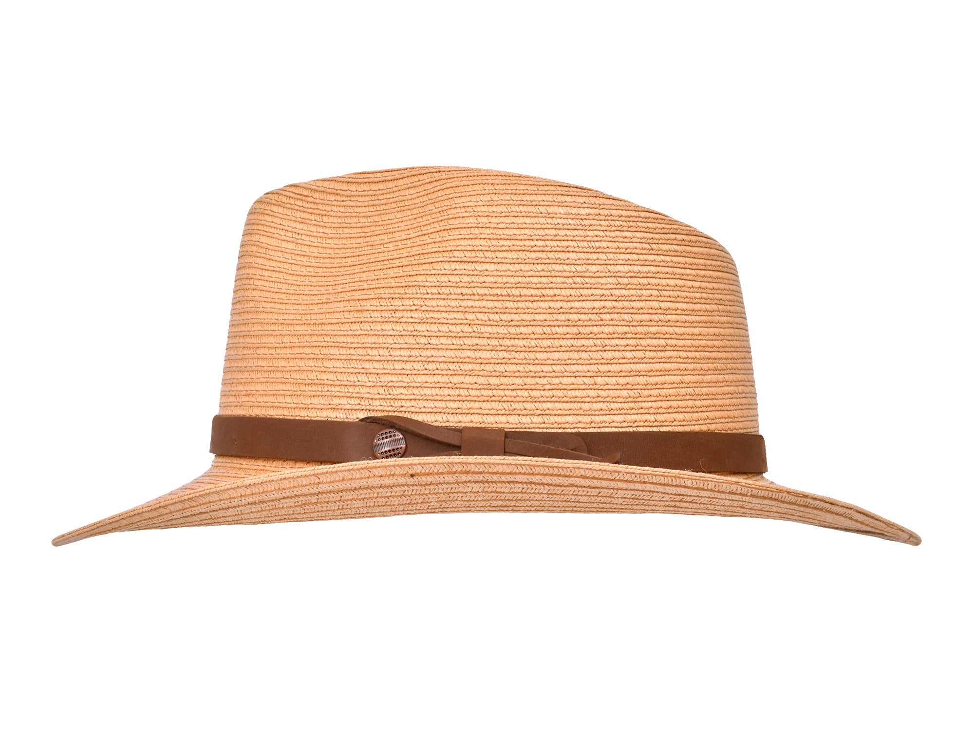 Beige straw hat with a brown band on a white background