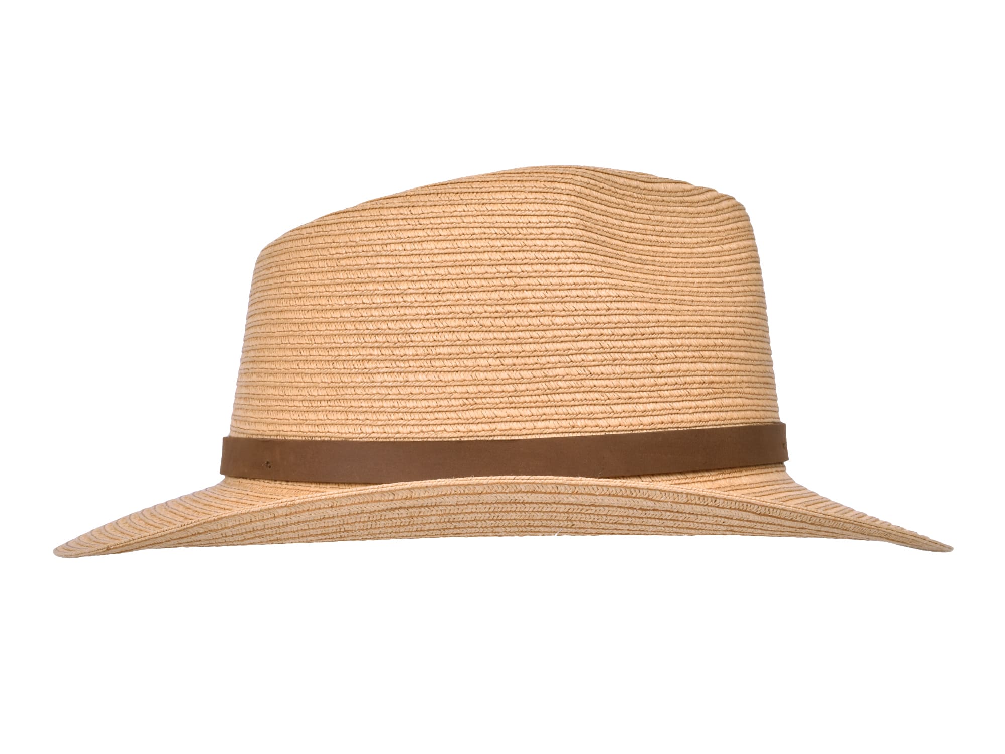 Beige straw hat with a brown band on a white background