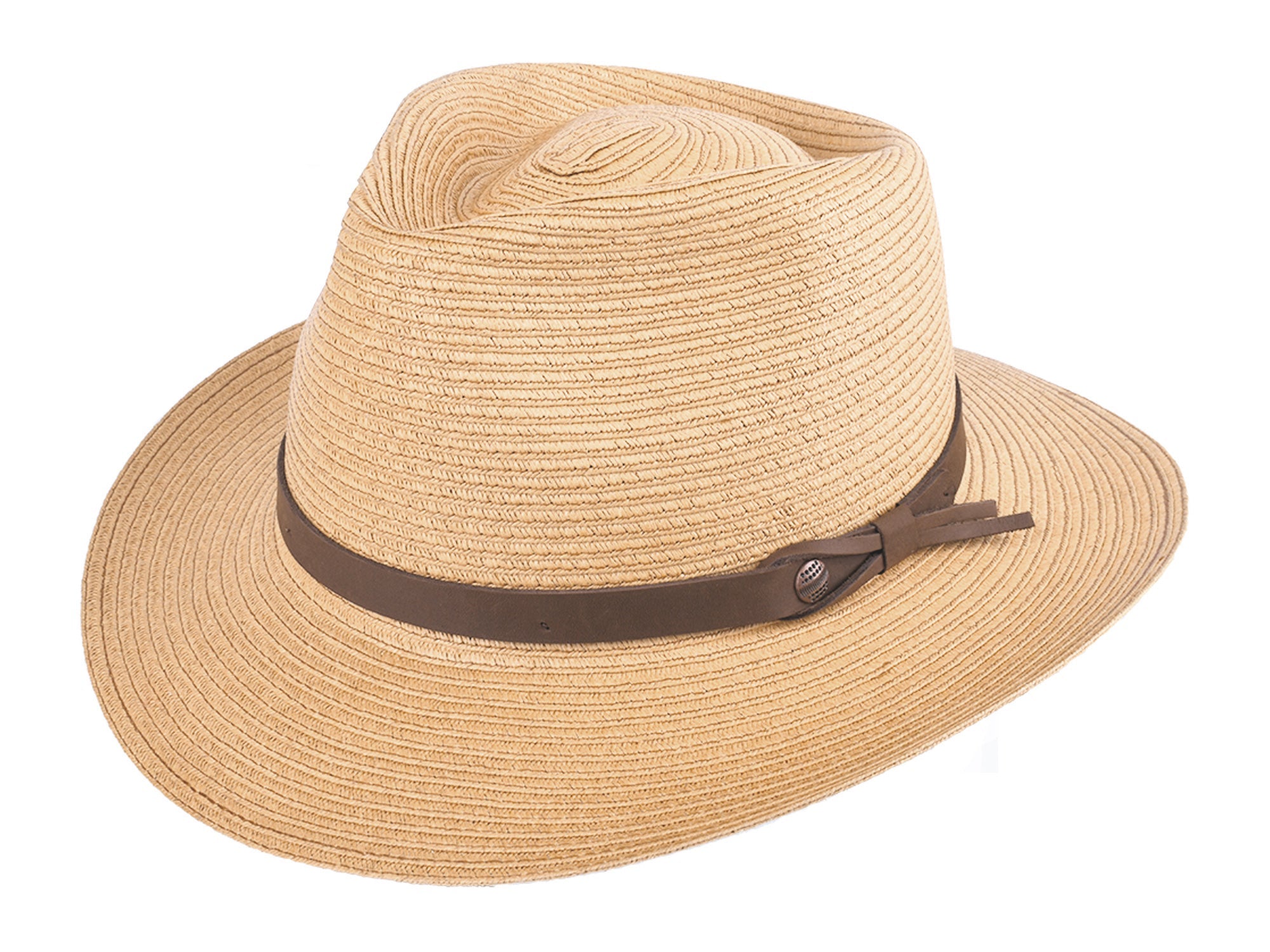 Beige straw hat with a brown band on a white background