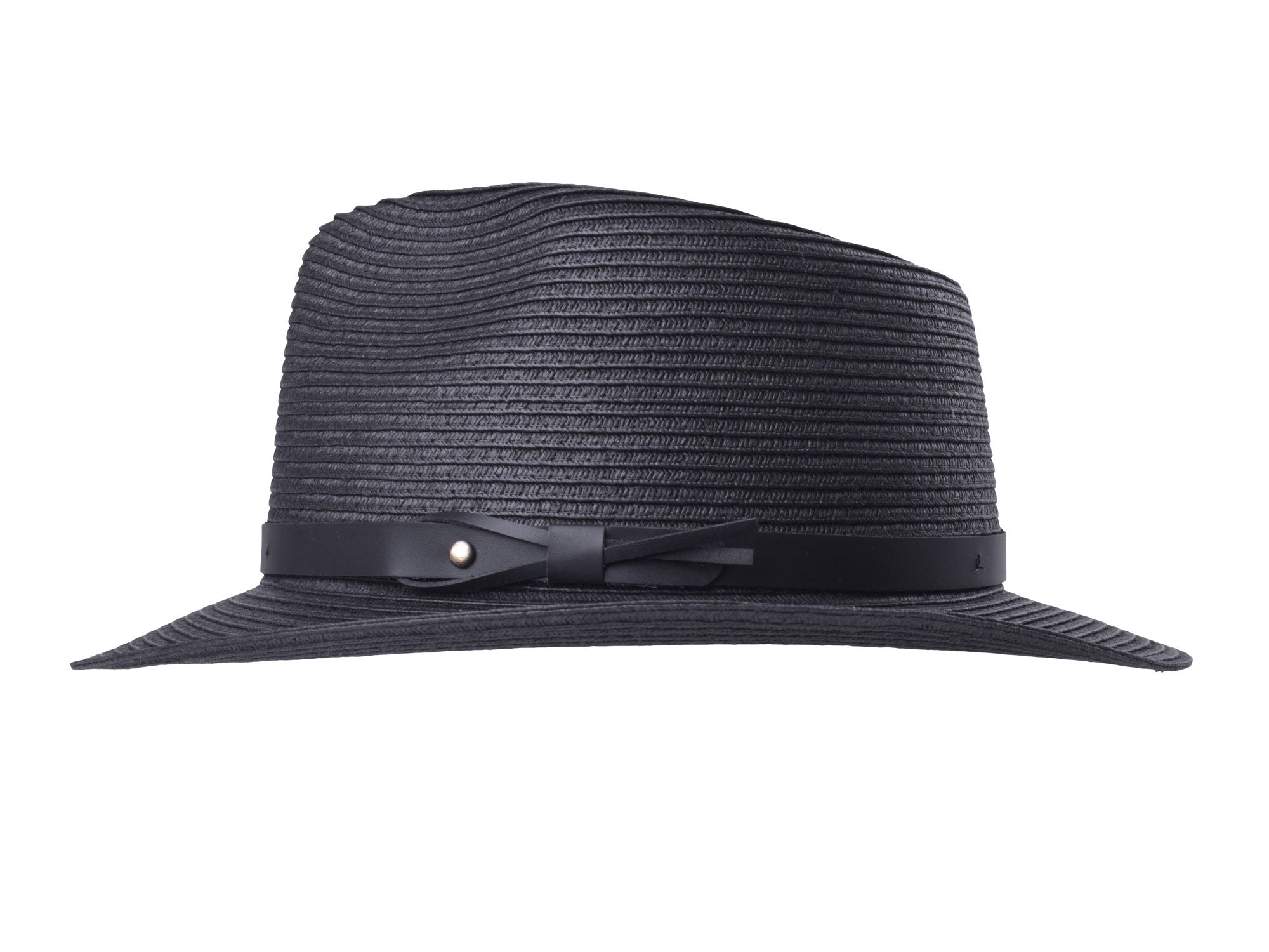 Black straw hat with a leather band on a white background