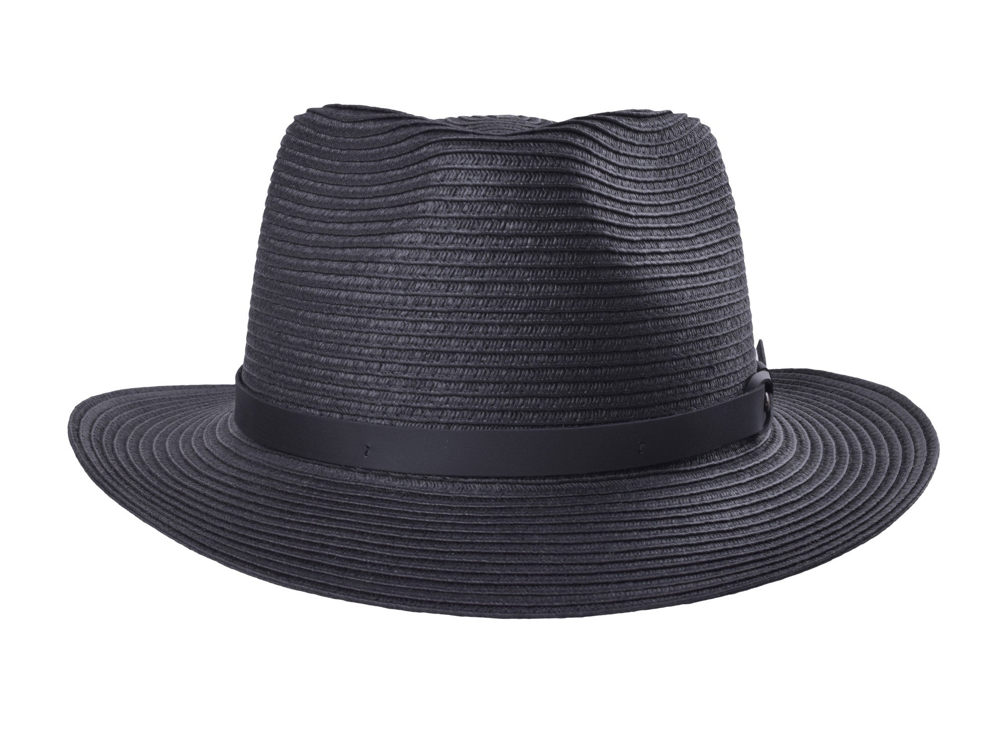 Black straw hat with a wide brim on a white background