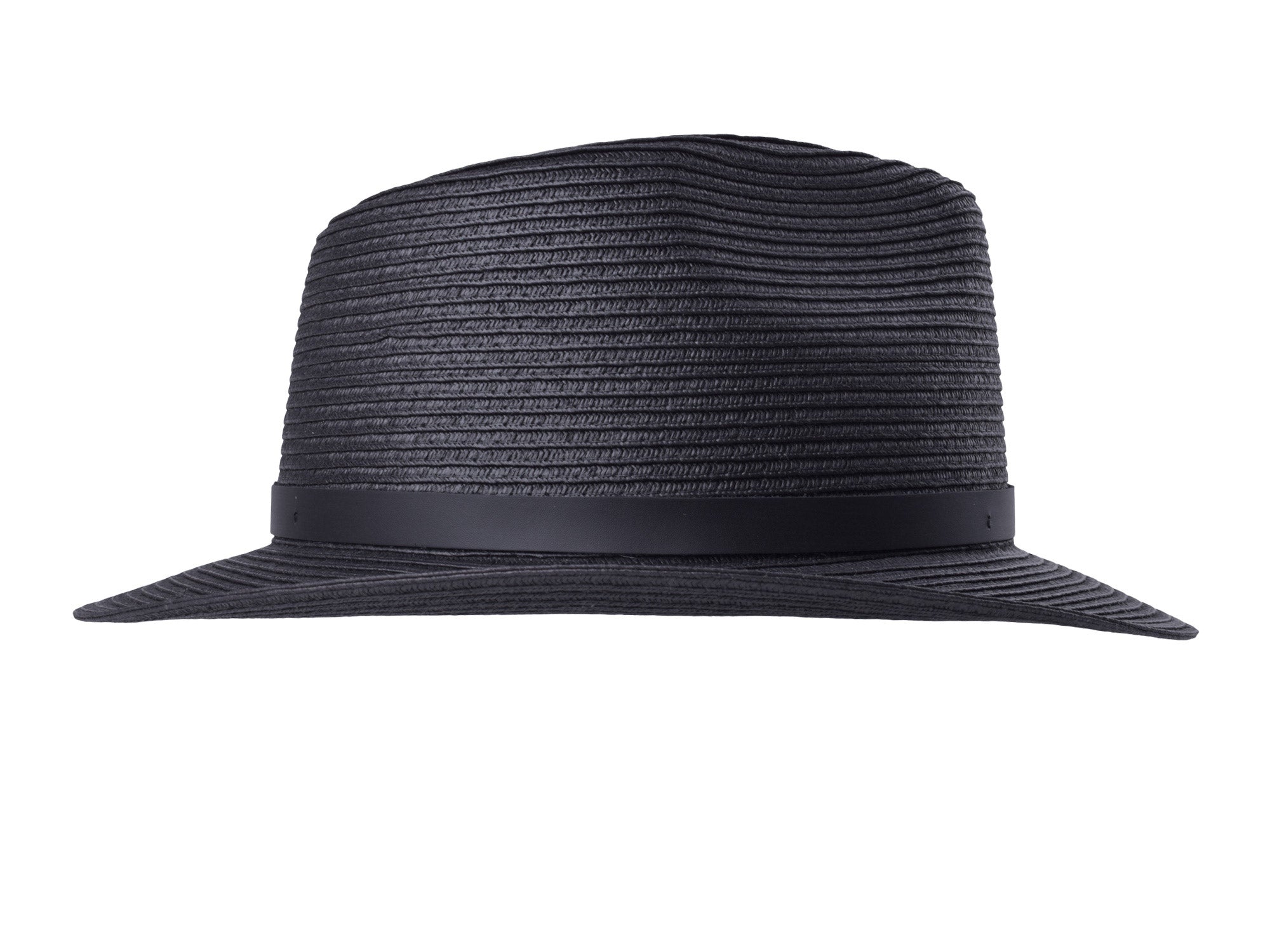 Black straw hat with a band on a white background