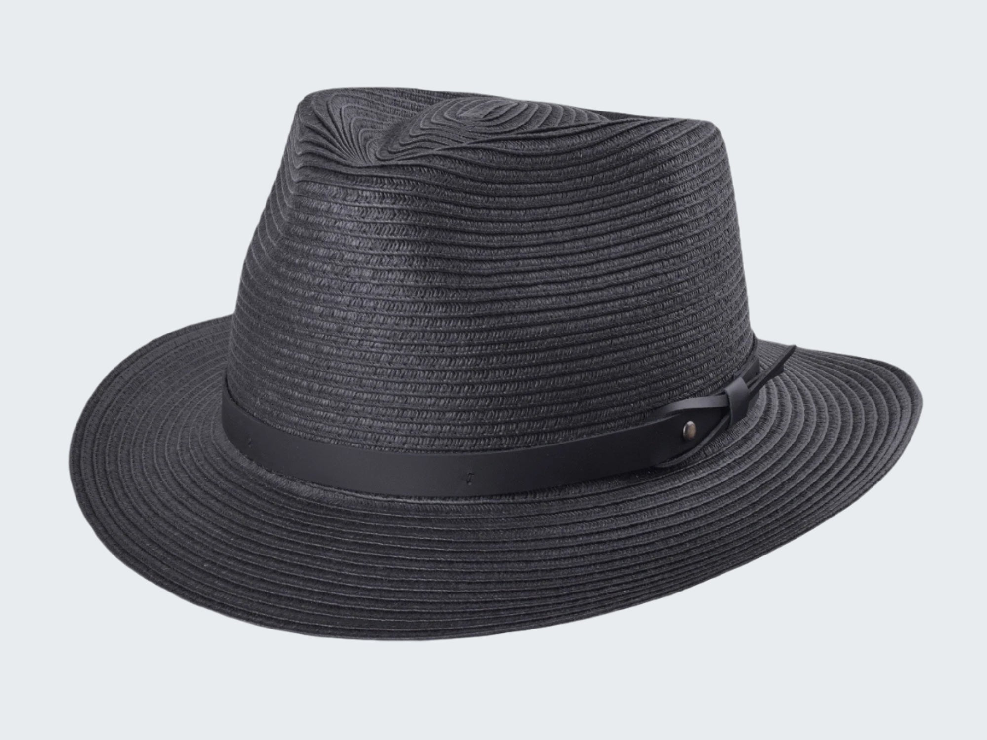Black straw hat with a black band on a white background