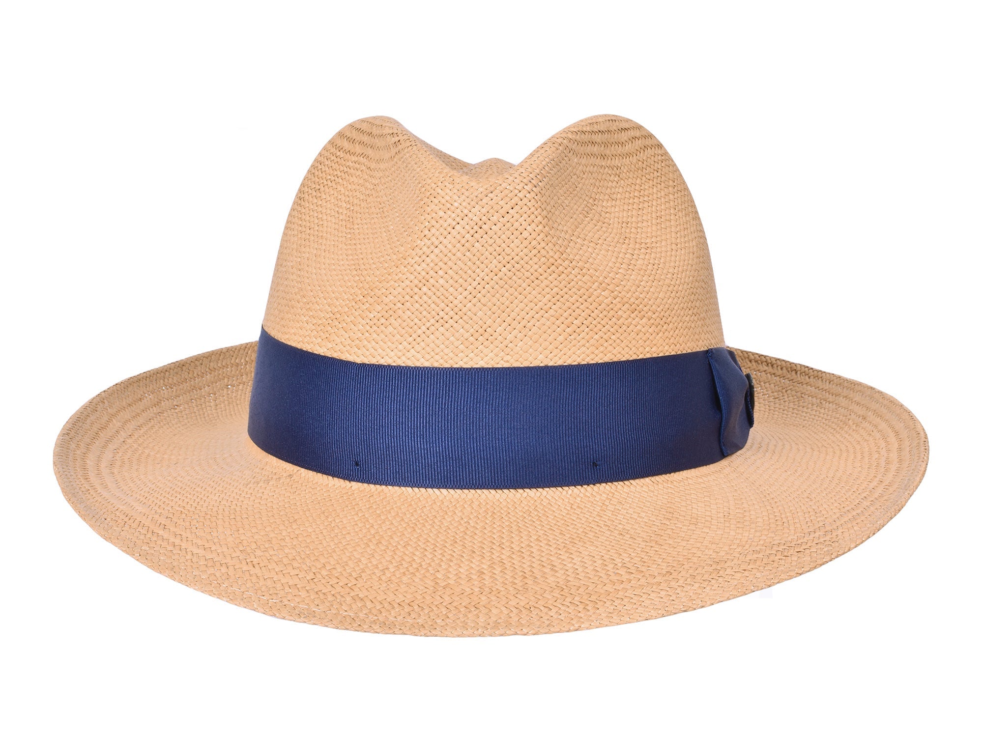 Beige straw hat with a navy band on a white background