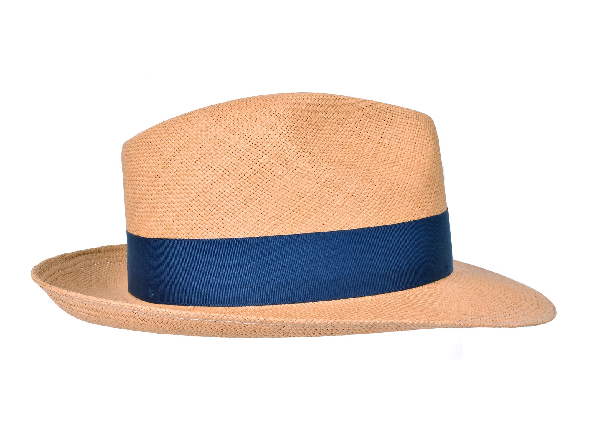 Beige straw hat with a navy band on a white background