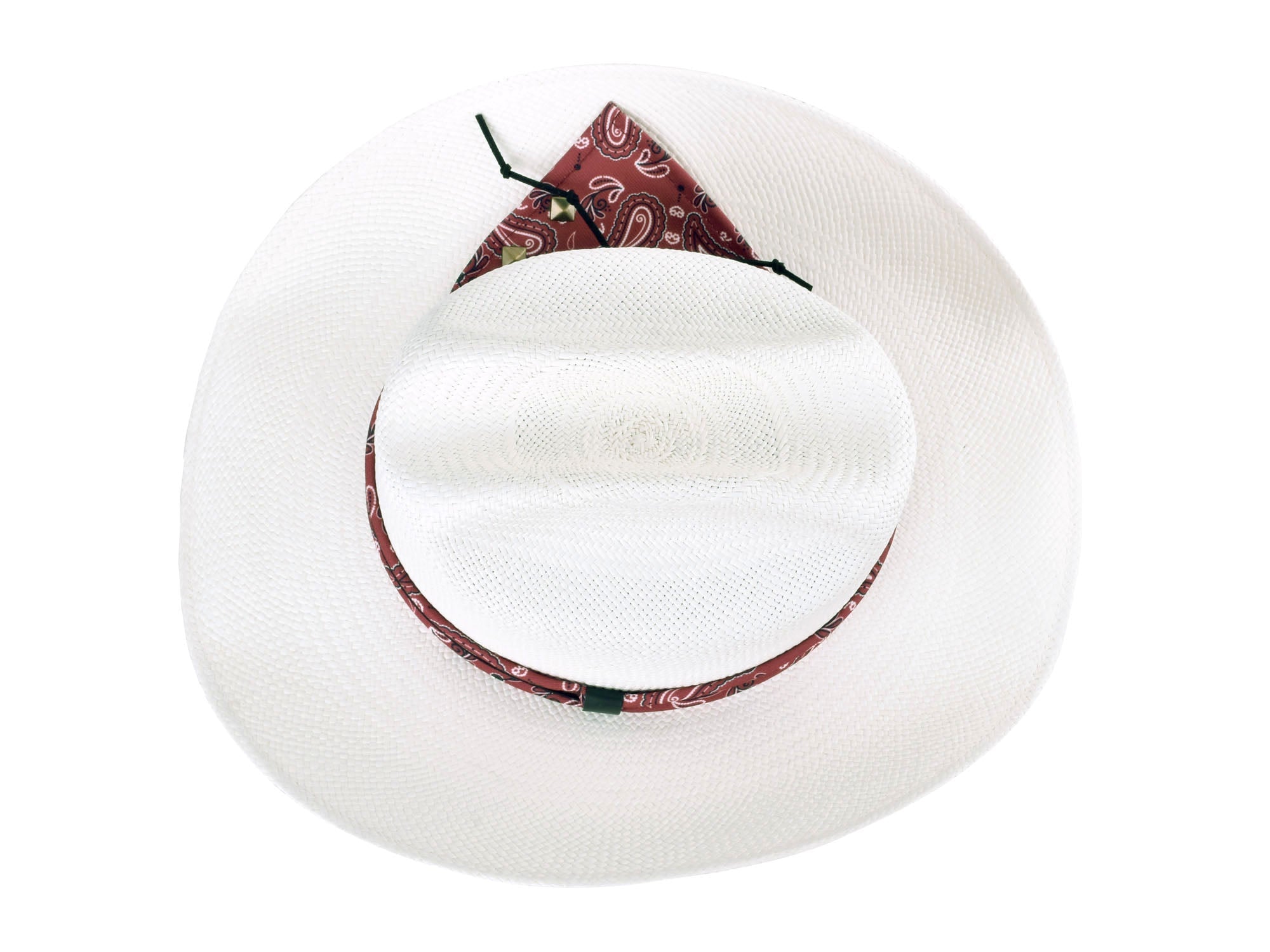 White cowboy hat with a red band on a white background