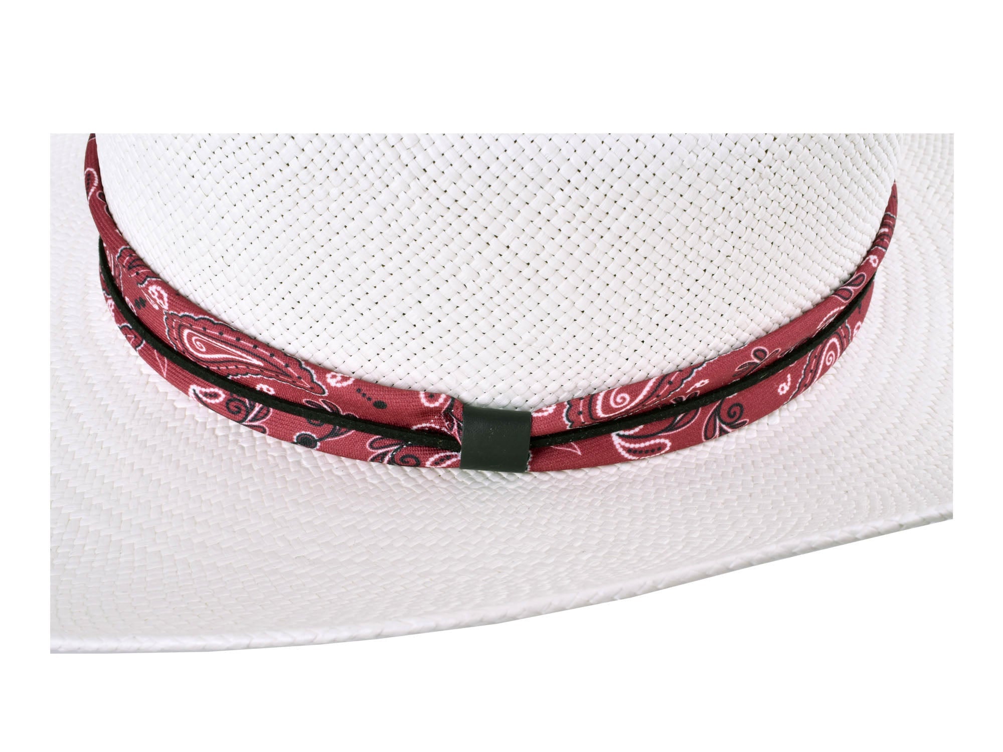 White cowboy hat with a red bandana around the brim on a white background