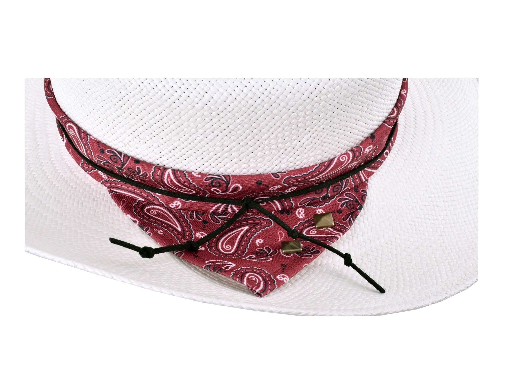 White cowboy hat with a red paisley band on a white background