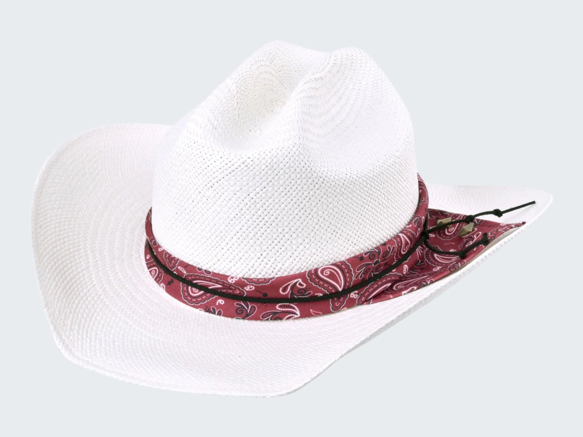 White straw hat with a red bandana strap on a white background