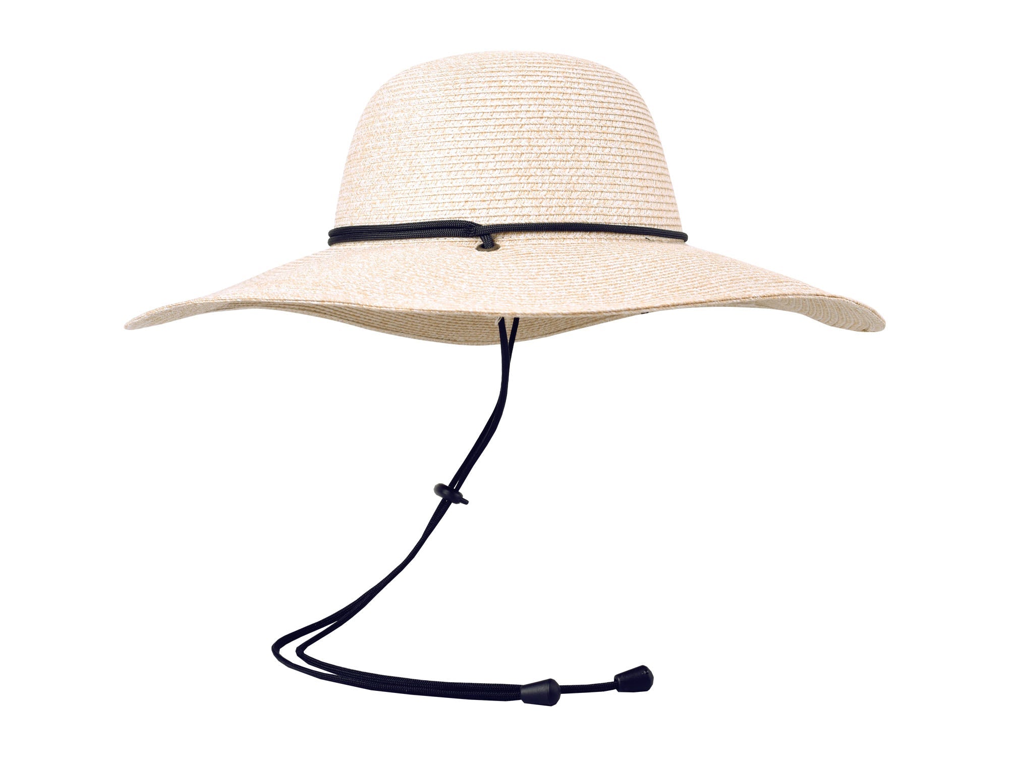 Beige straw hat with a black band on a white background