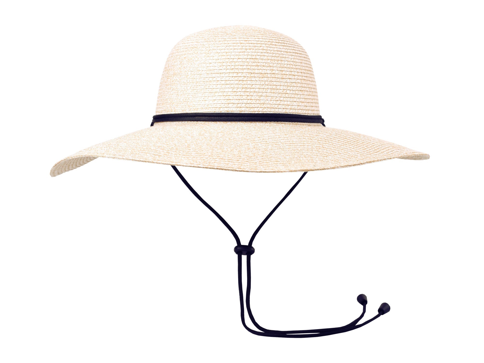 Beige straw hat with a black band on a white background