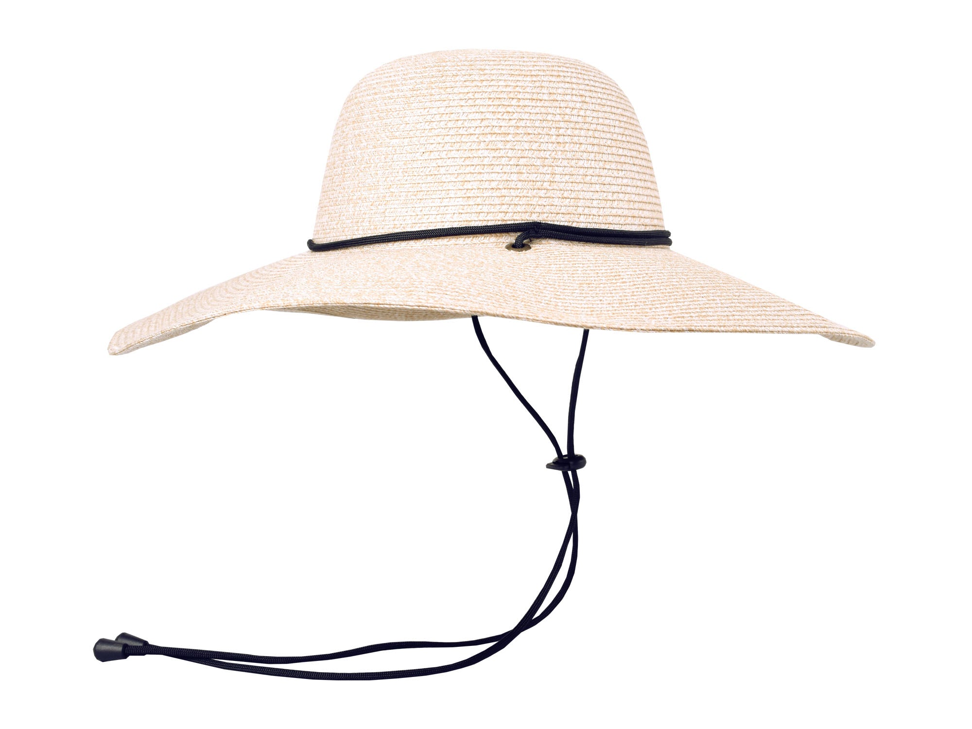 Beige straw hat with a black band on a white background