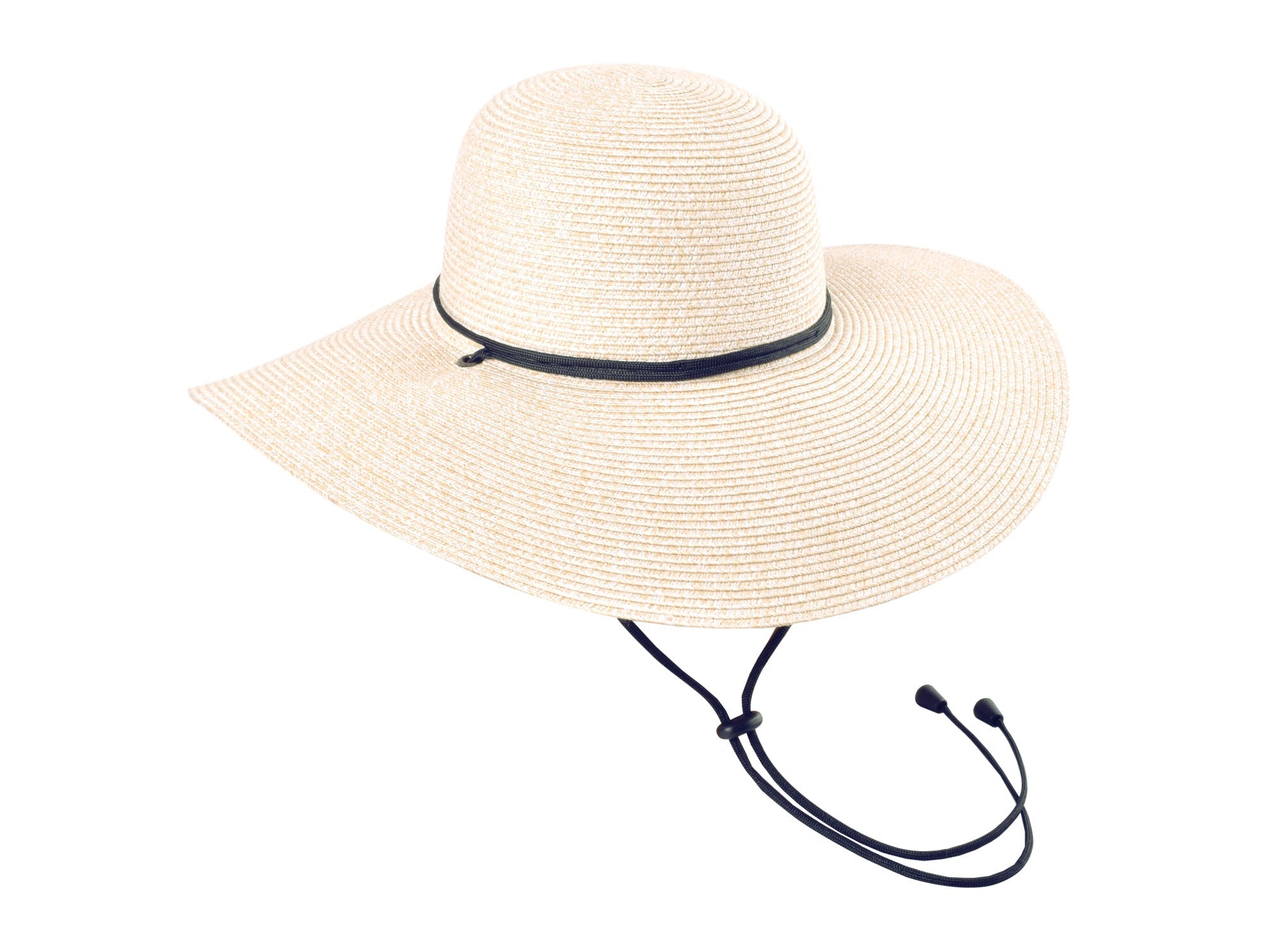 Beige straw hat with a black band on a white background