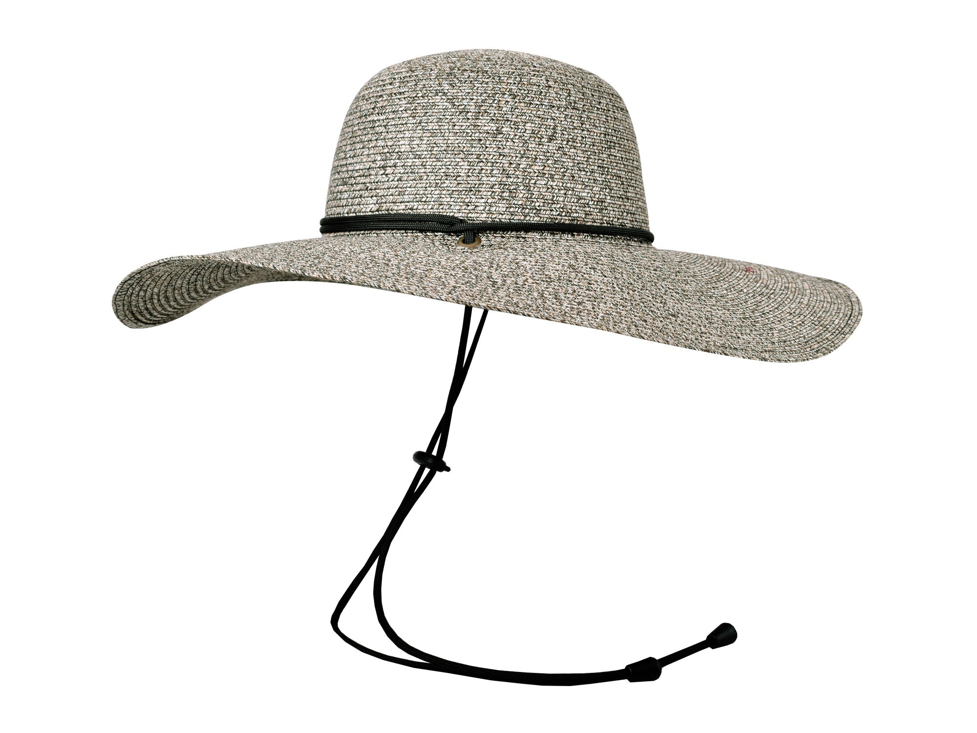 Wide-brimmed straw hat with a black band on a white background