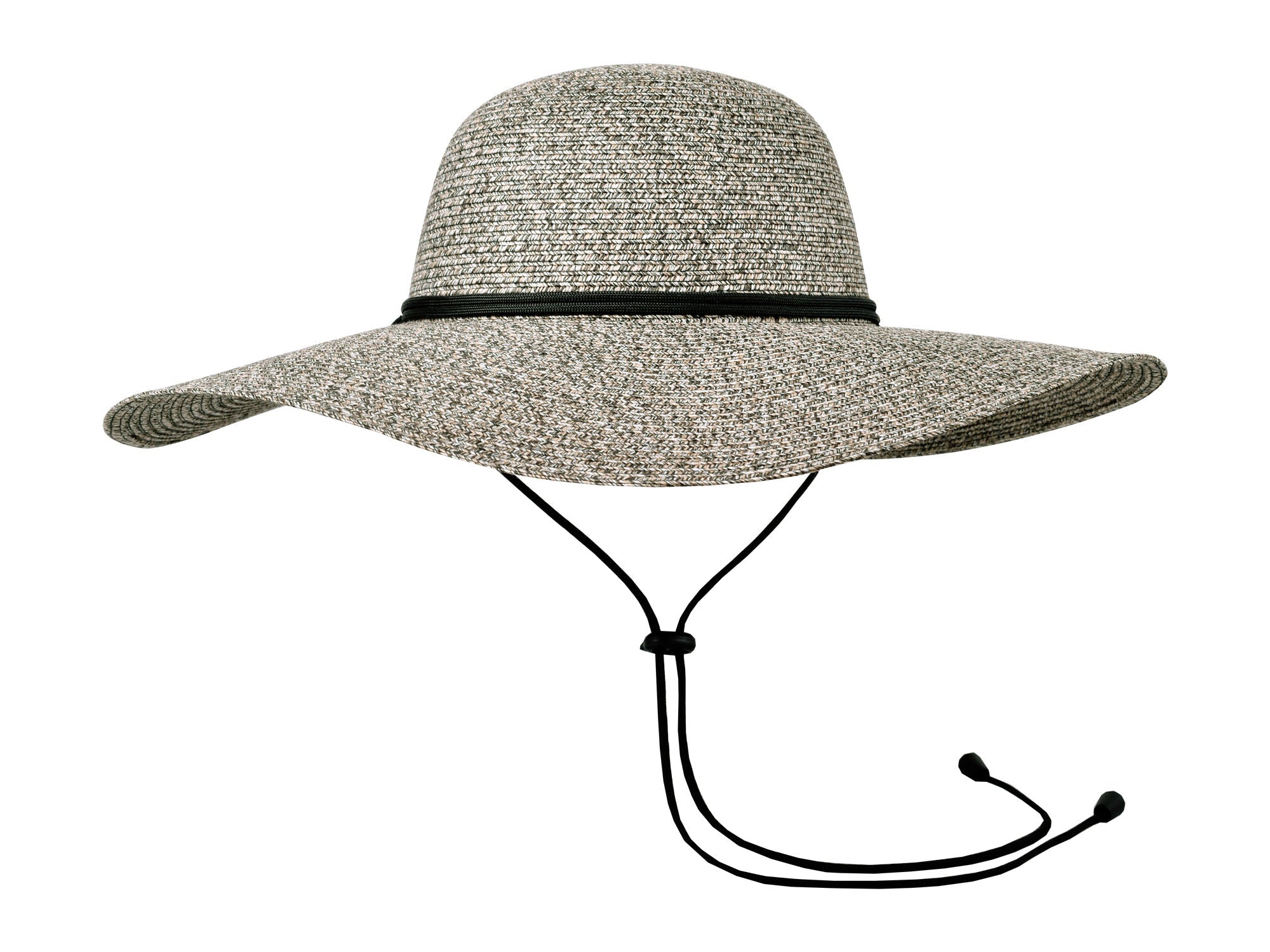Wide-brimmed straw hat with a black band on a white background
