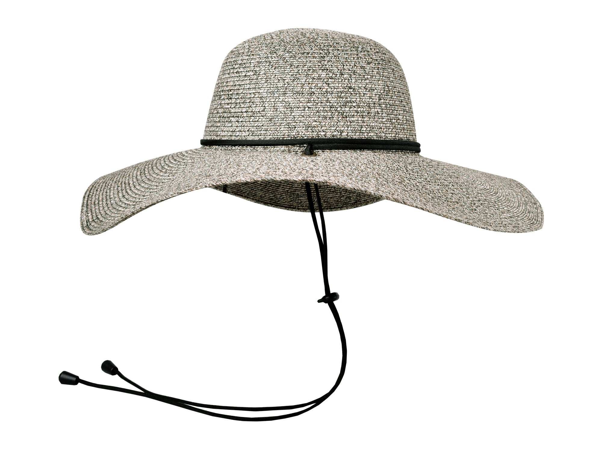 Wide-brimmed straw hat with a black chin strap on a white background