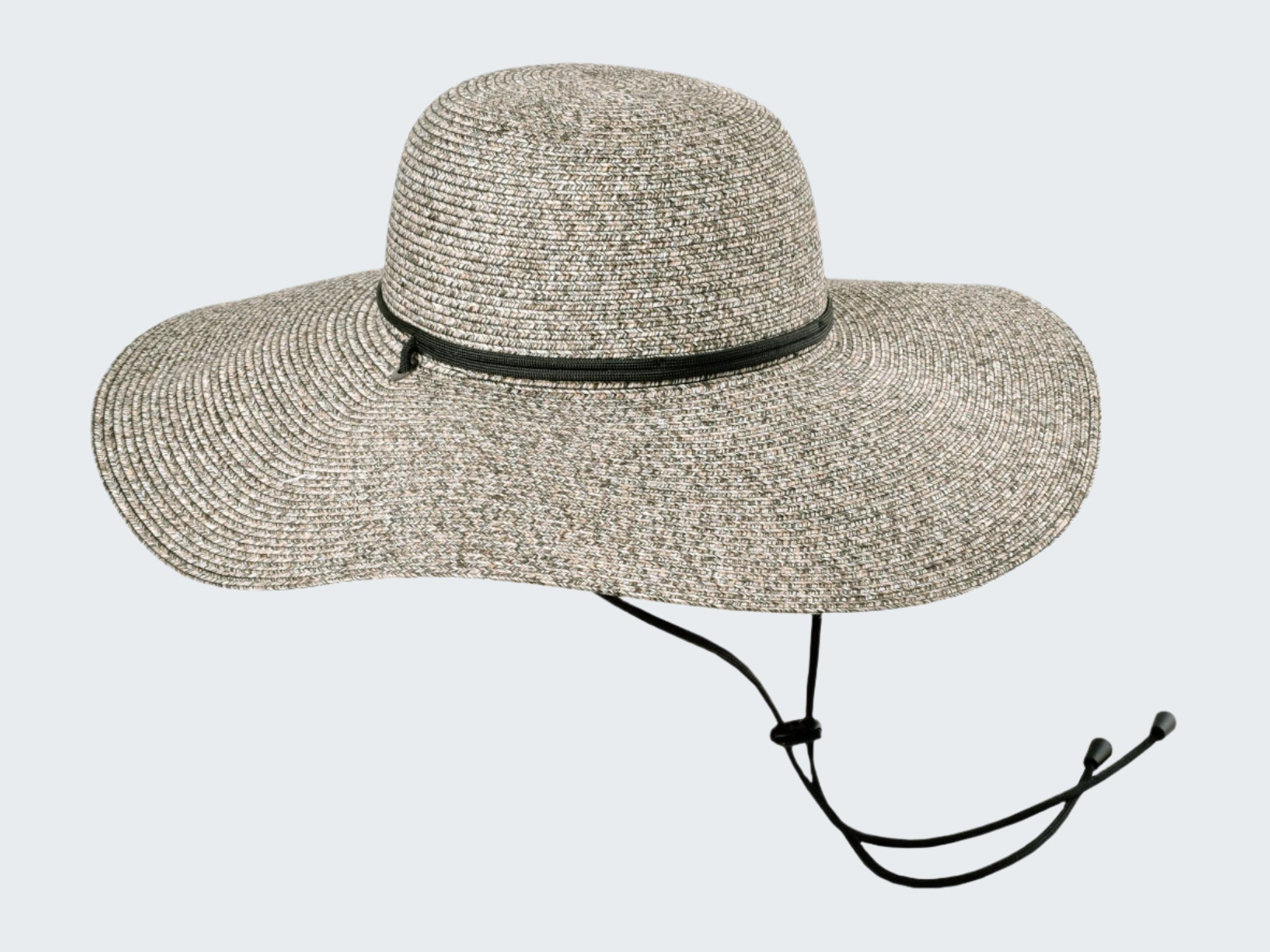 Wide-brimmed straw hat with a black band on a white background