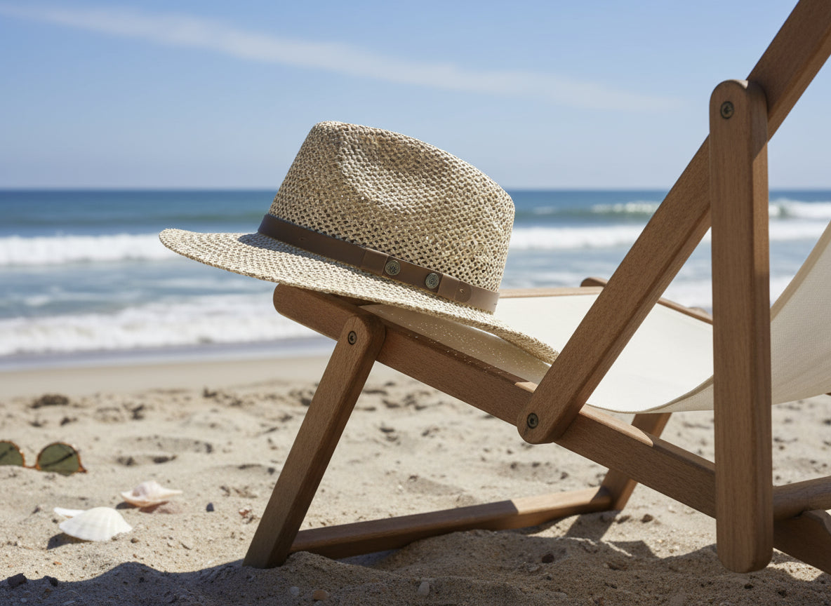 Beige straw hat with a brown band on a white background