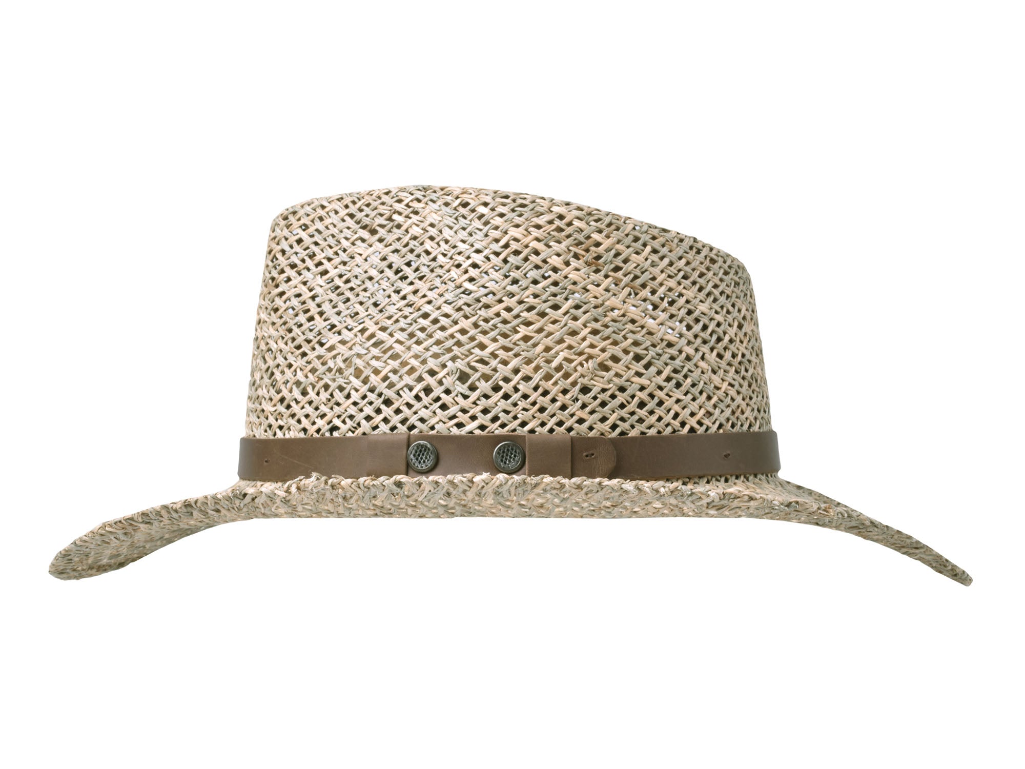 Beige straw hat with a brown band on a white background
