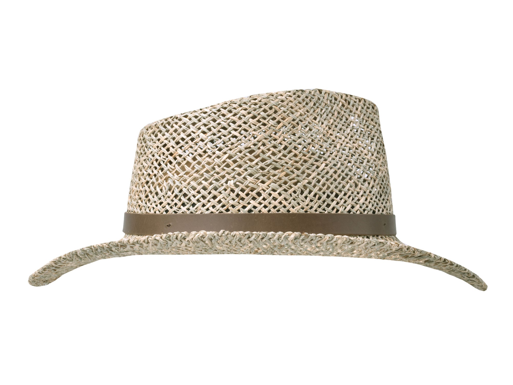Woven straw hat with a brown band on a white background