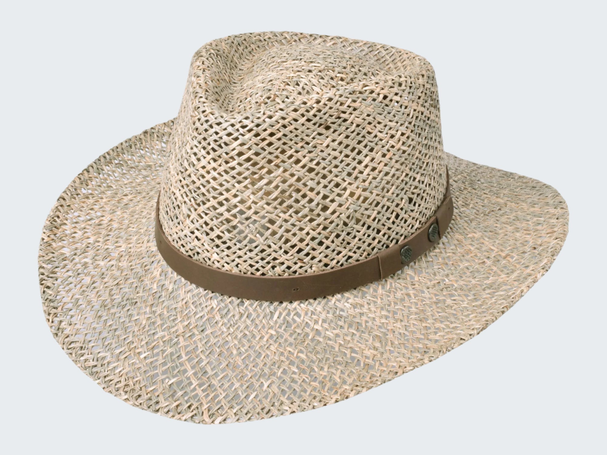Beige straw hat with a brown band on a white background