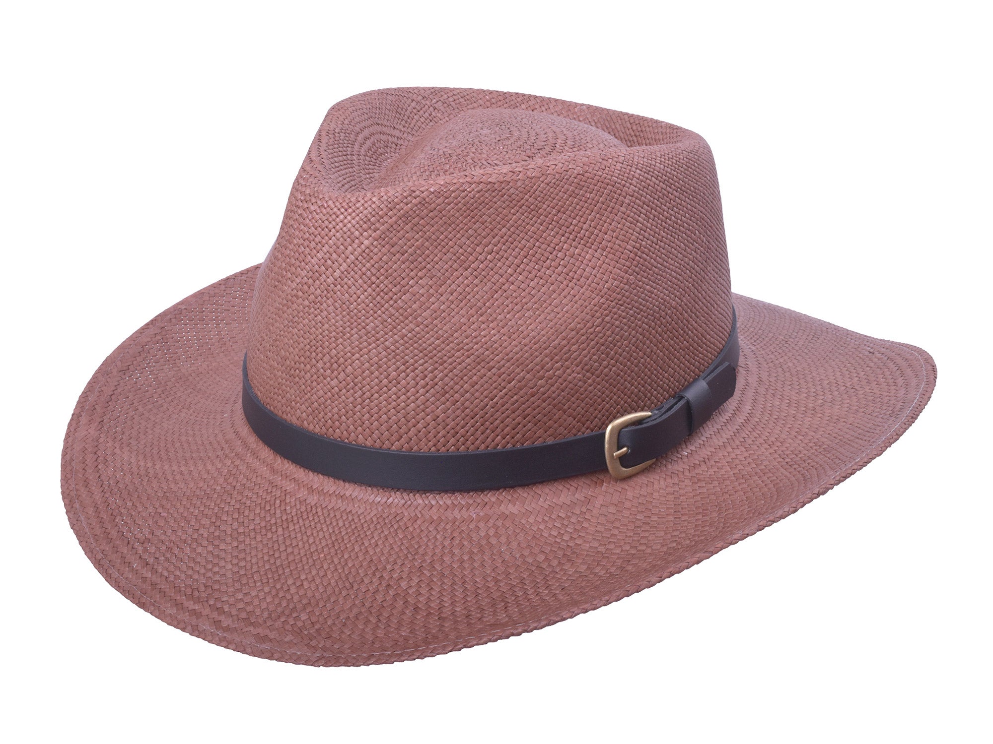 Pink straw hat with a black band on a white background