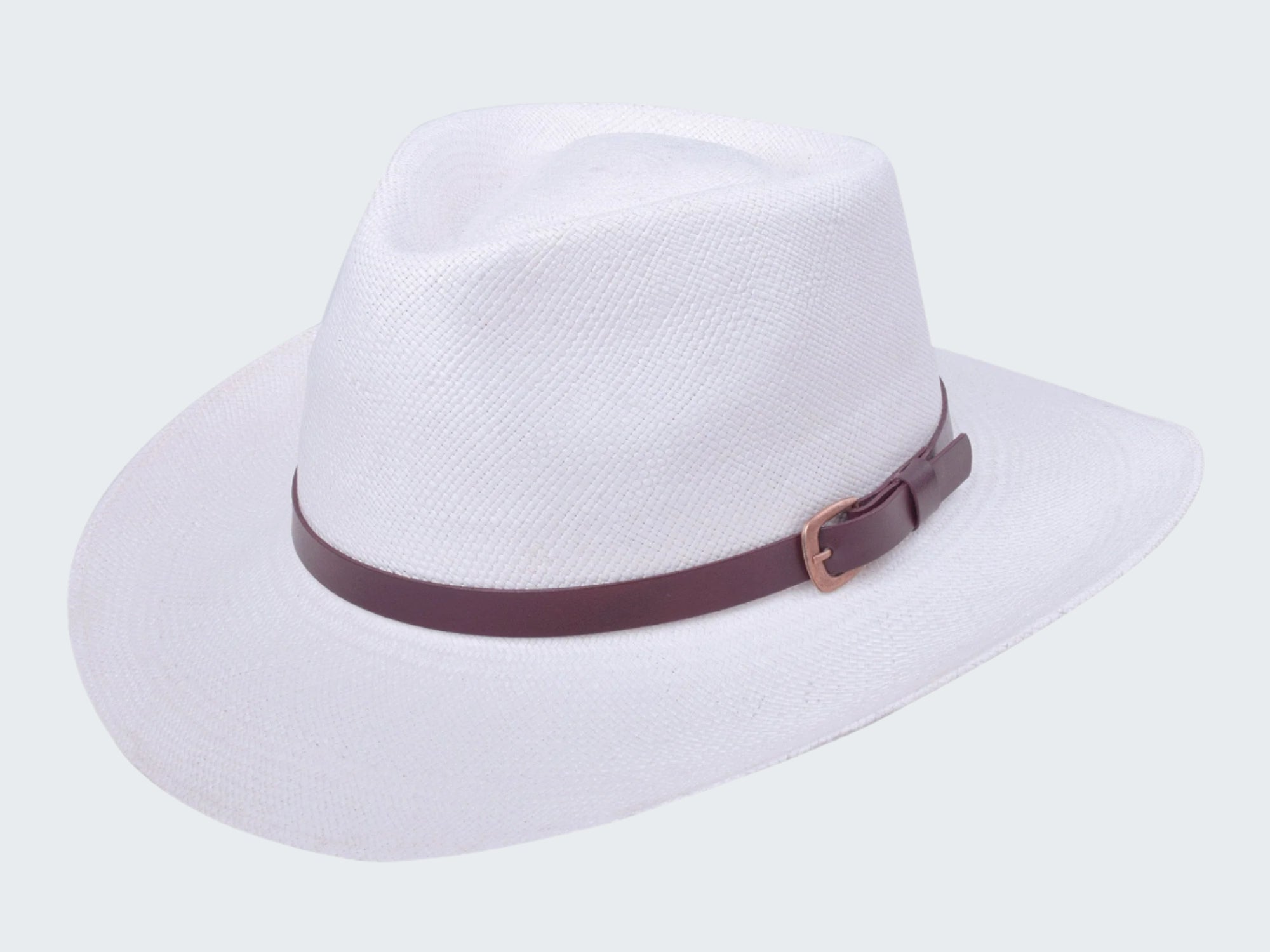 White fedora hat with a brown band on a white background
