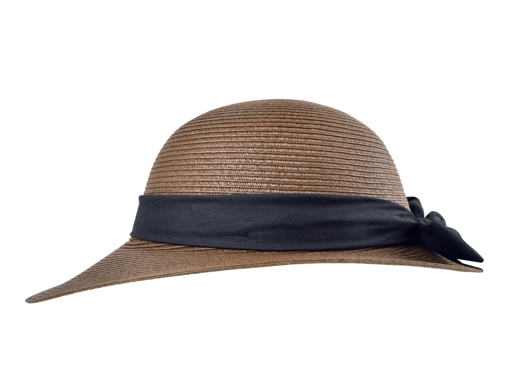 Brown straw hat with a black band on a white background