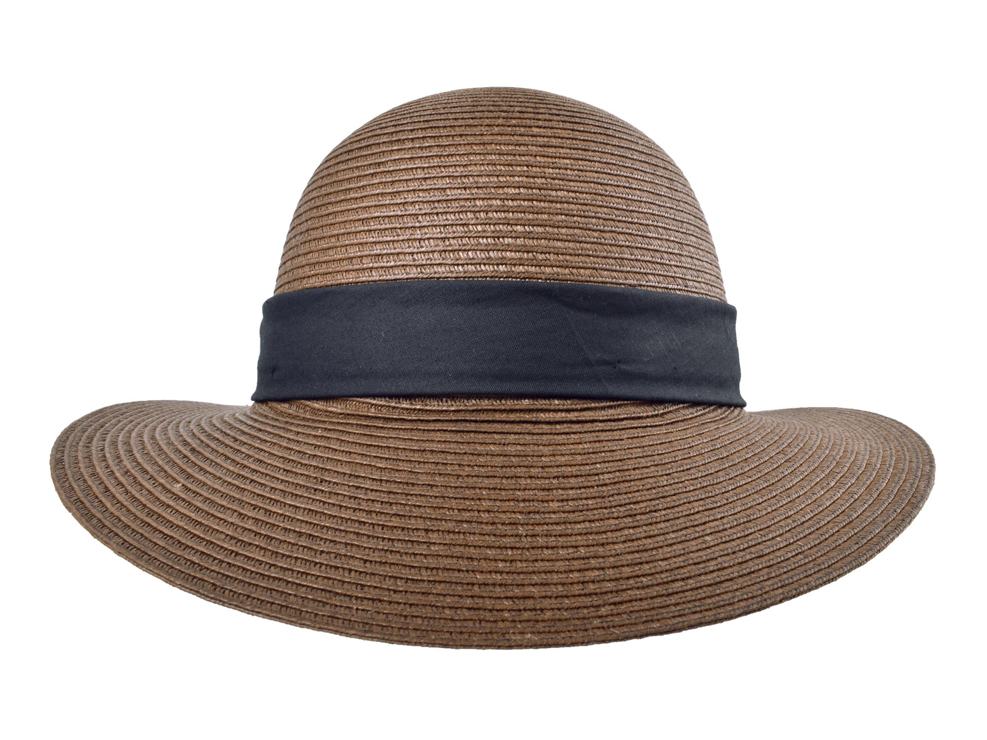 Brown straw hat with a navy band on a white background