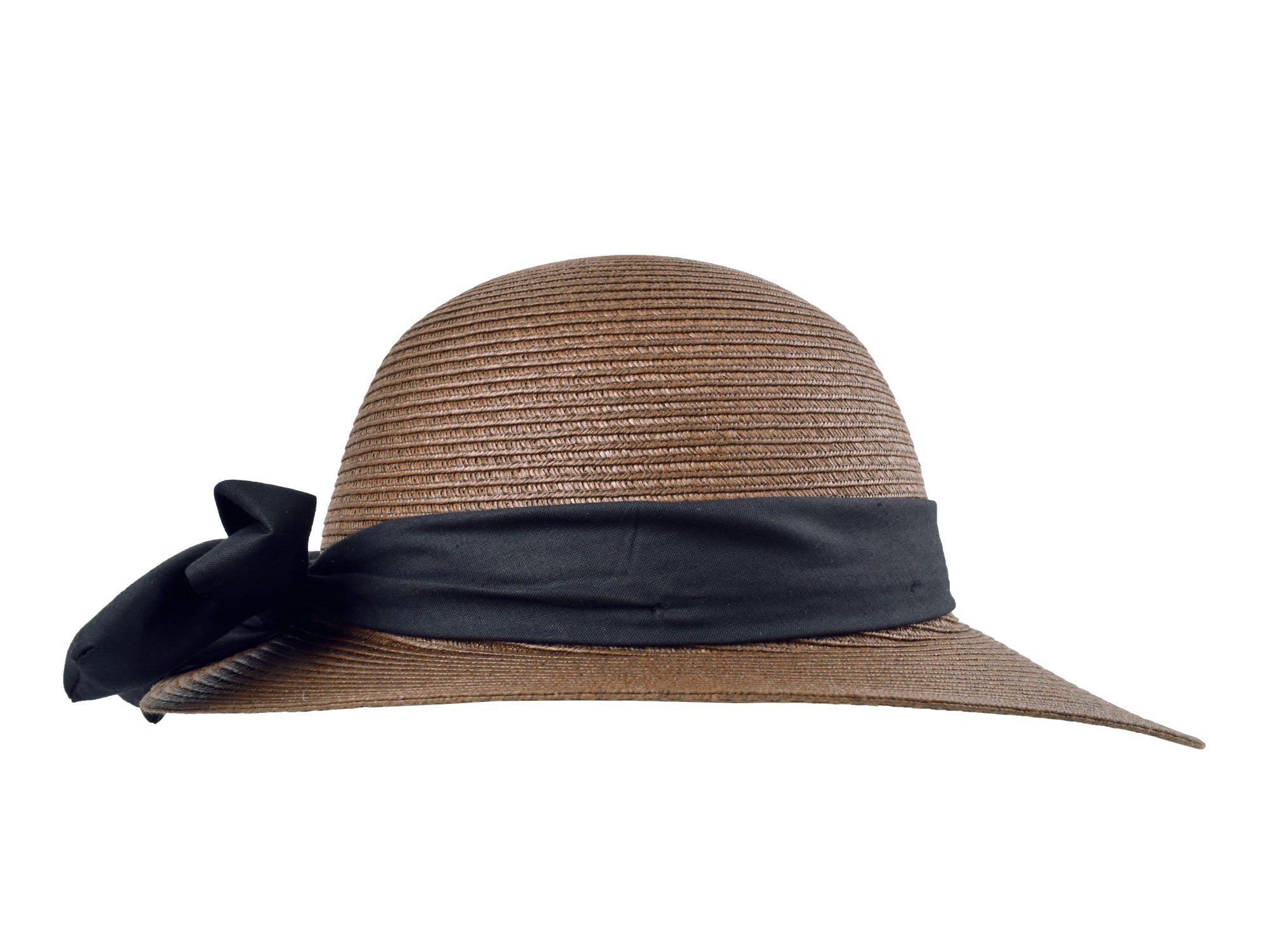 Brown straw hat with a black ribbon on a white background