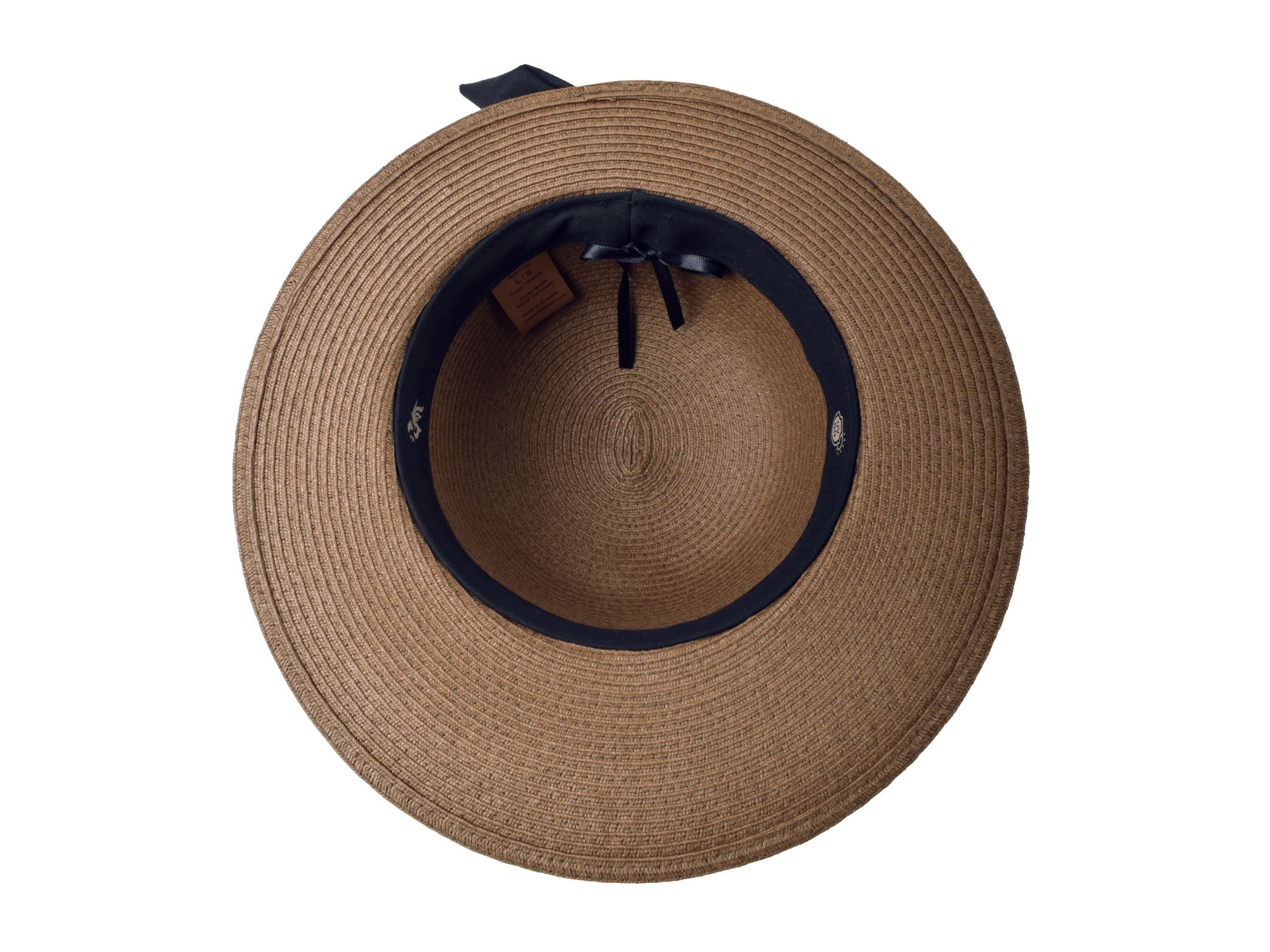 Brown straw hat with black band on a white background