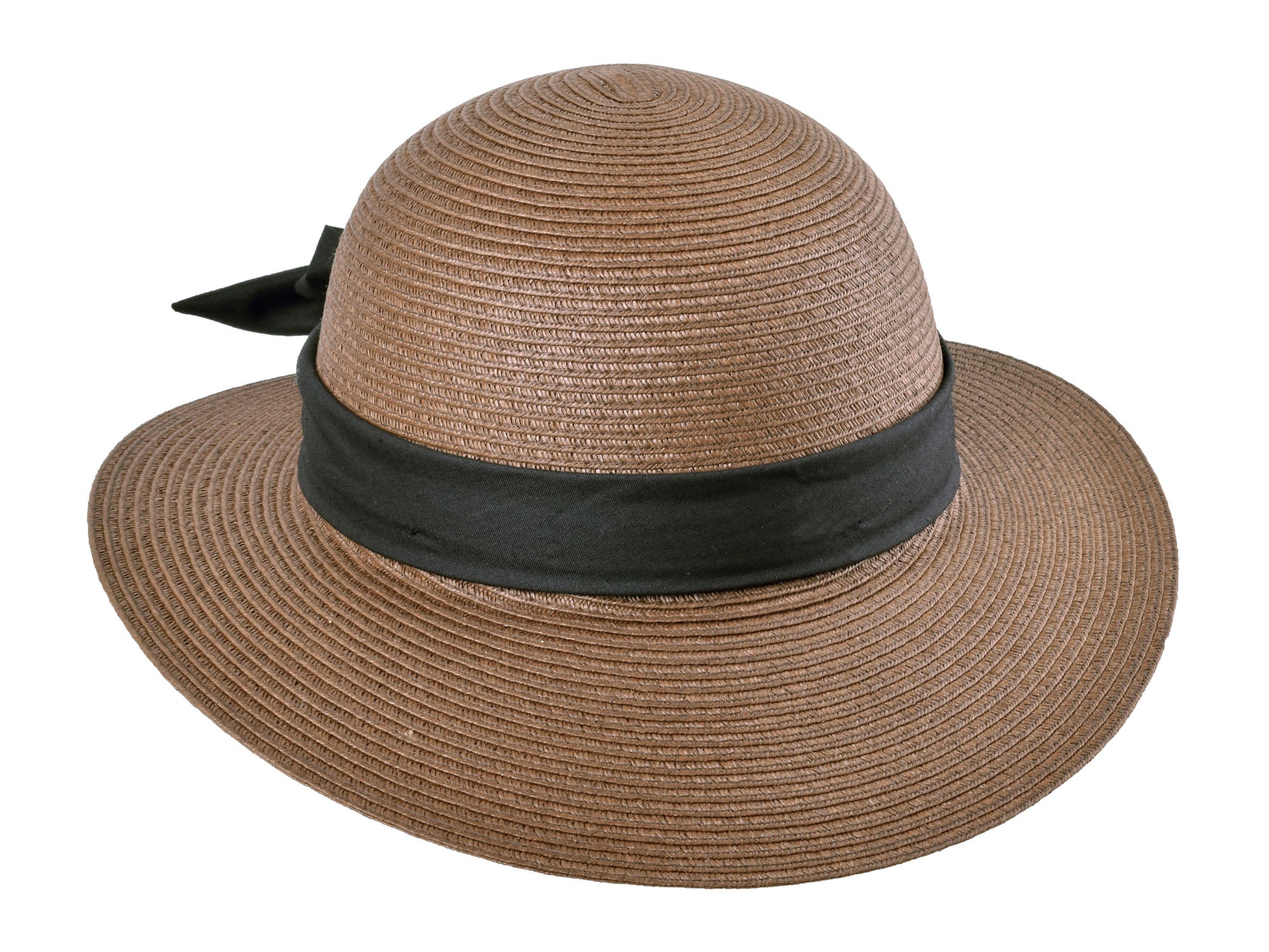 Brown straw hat with a black band on a white background