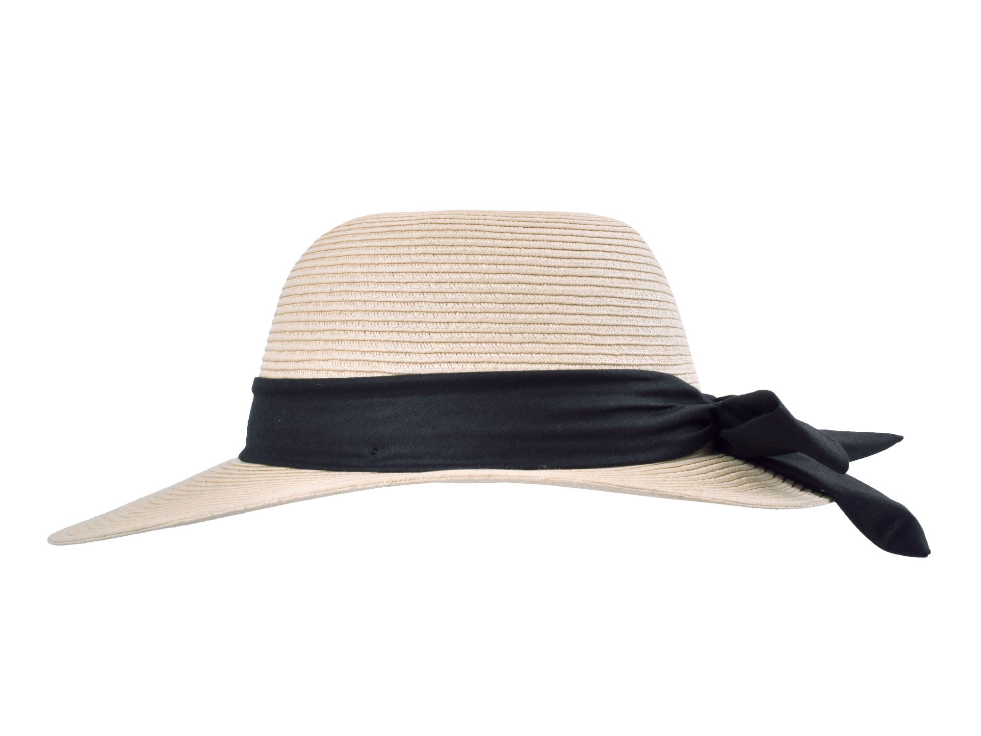 Beige straw hat with a black ribbon on a white background