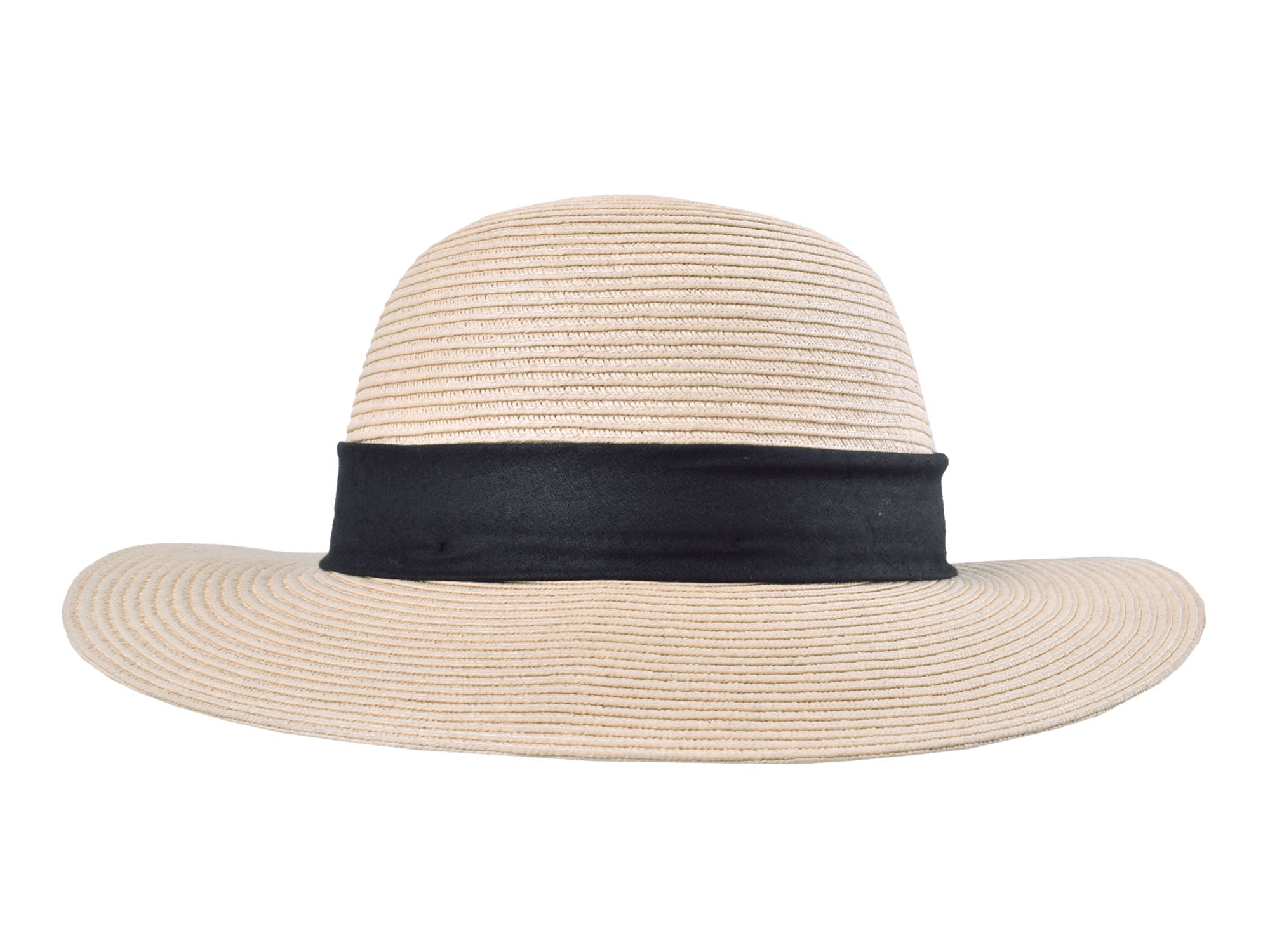Beige straw hat with a black band on a white background