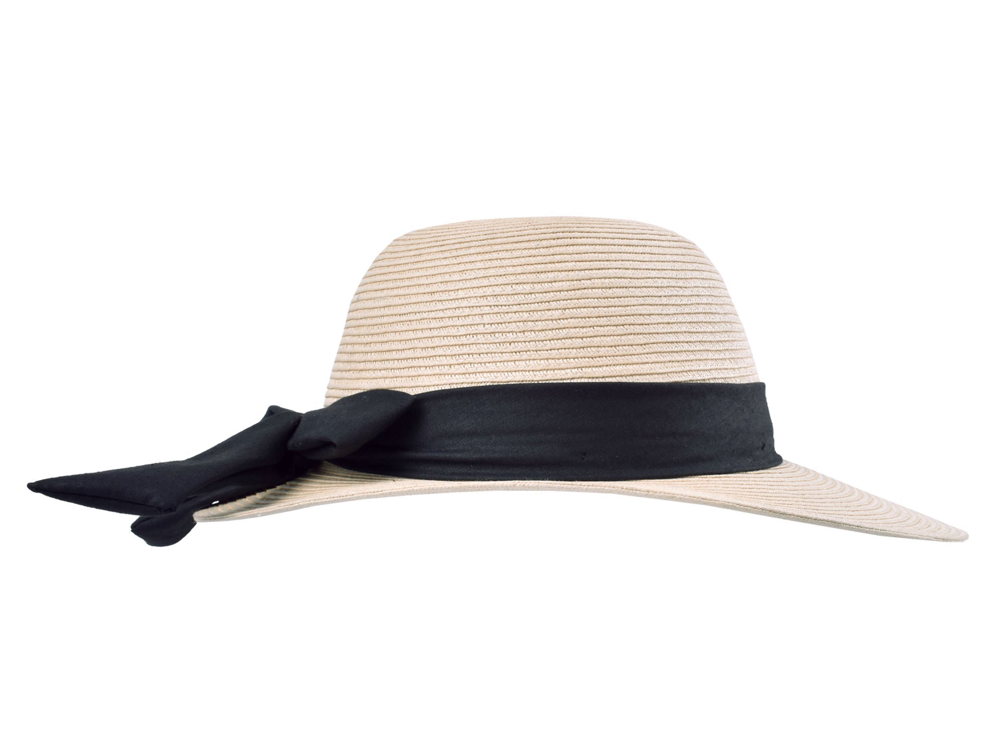 Beige straw hat with a black ribbon on a white background