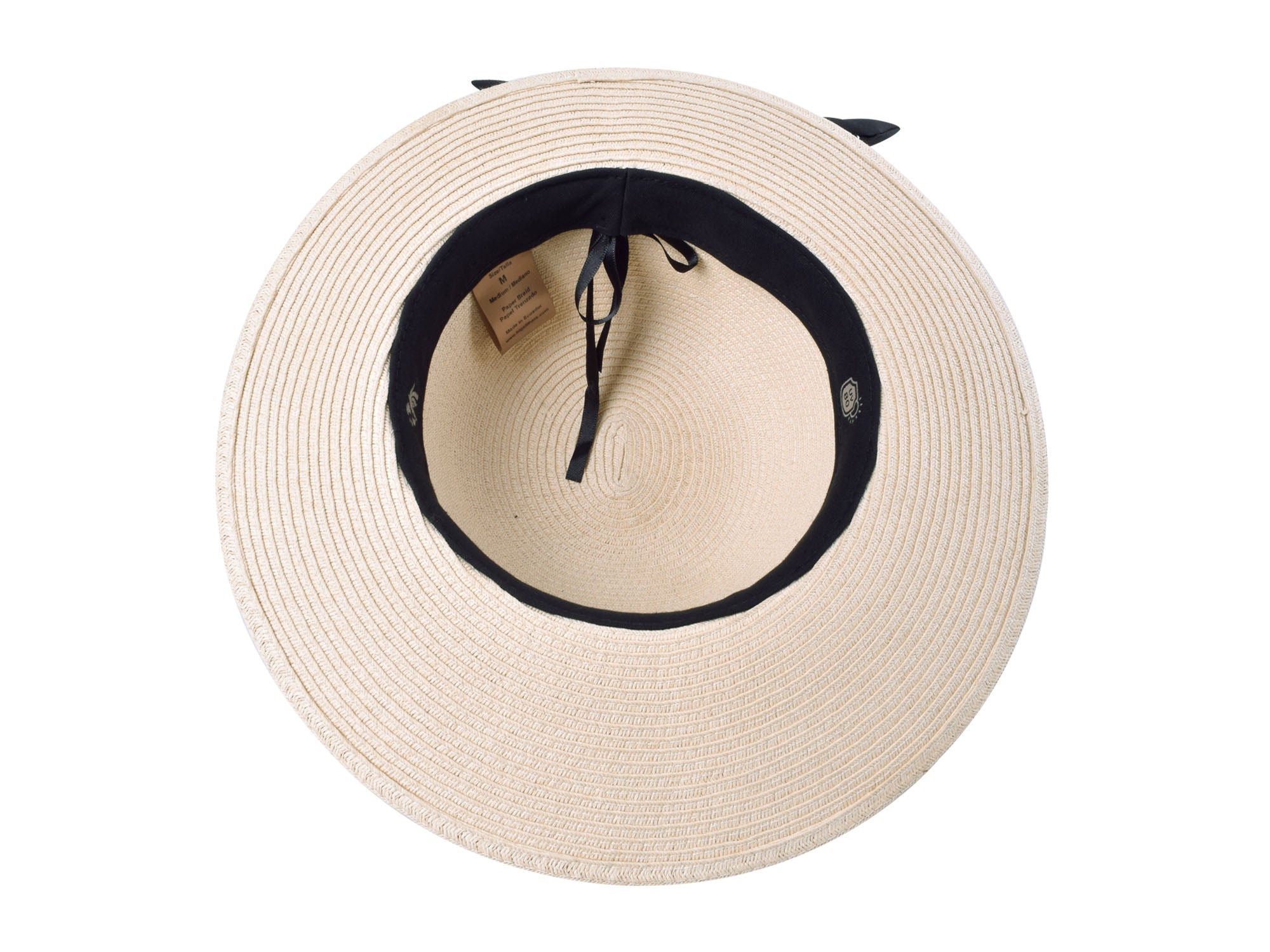 Beige straw hat with black band on a white background