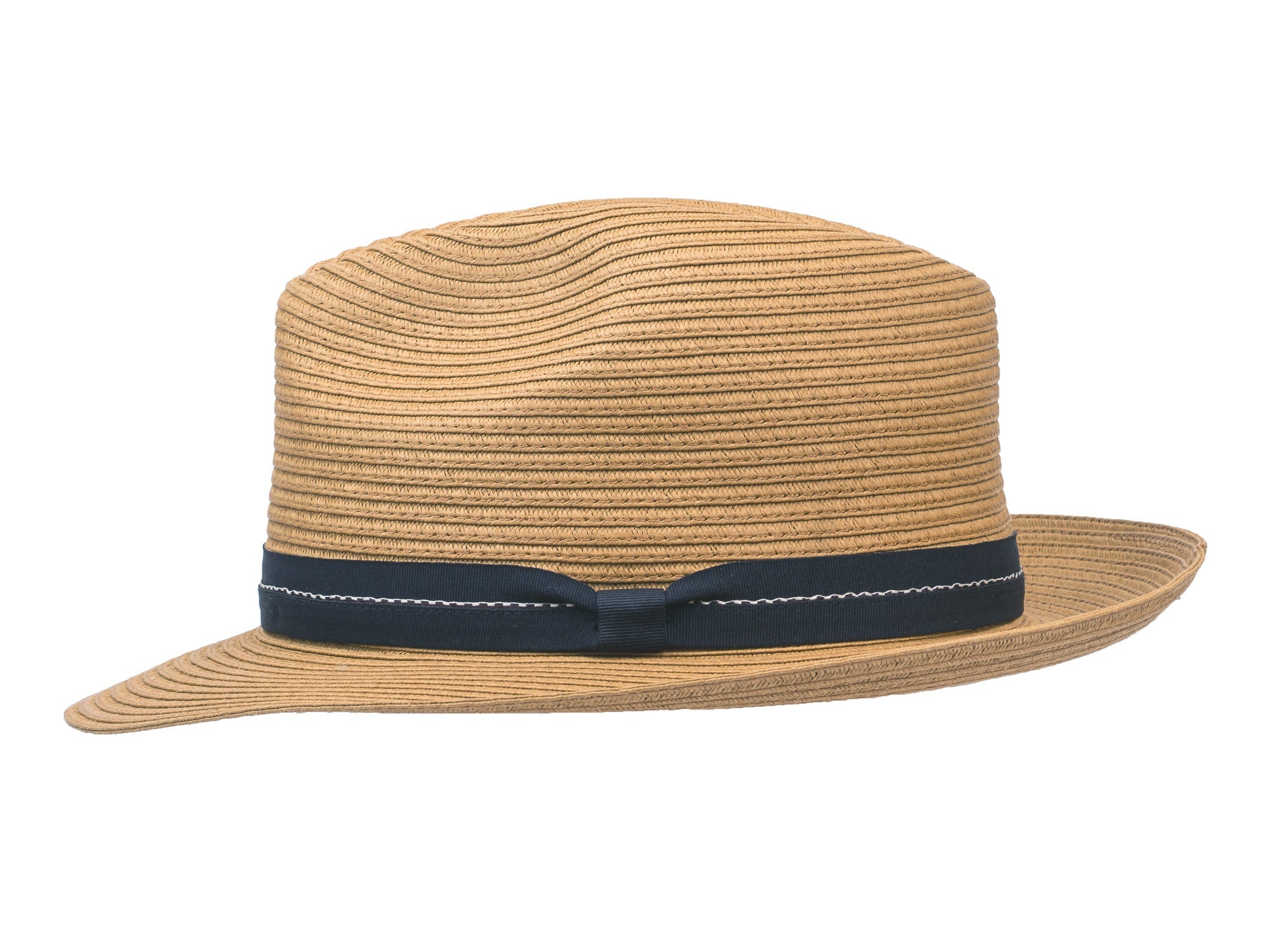 Beige straw hat with a navy band on a white background