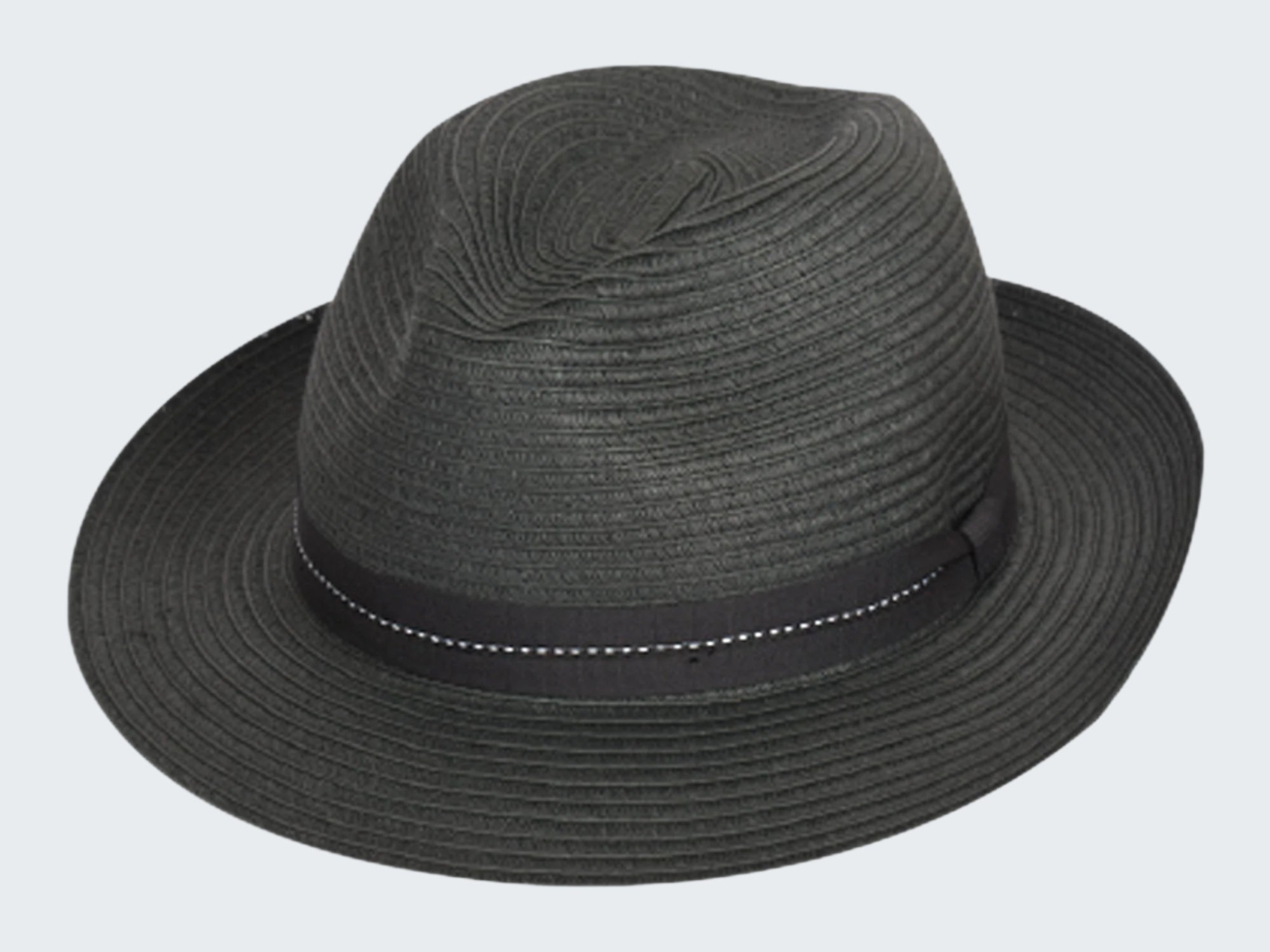 Black fedora hat with a wide brim on a white background