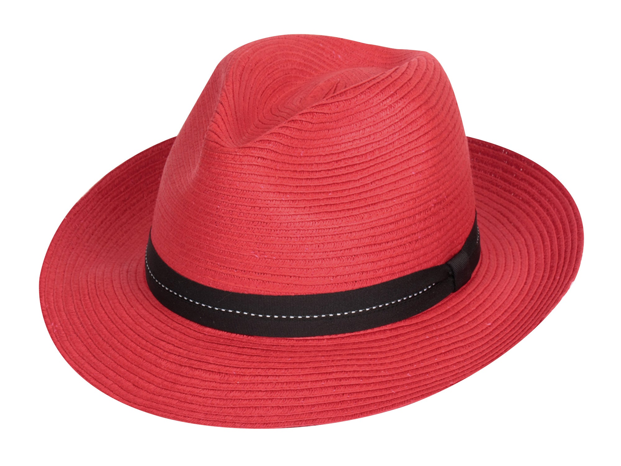 Red straw hat with a black band on a white background