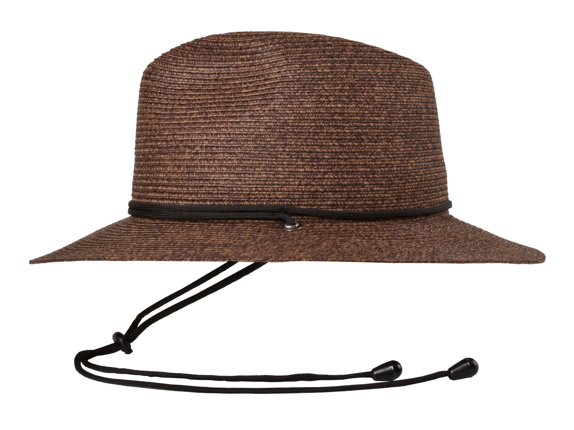 Brown straw hat with a black drawstring on a white background