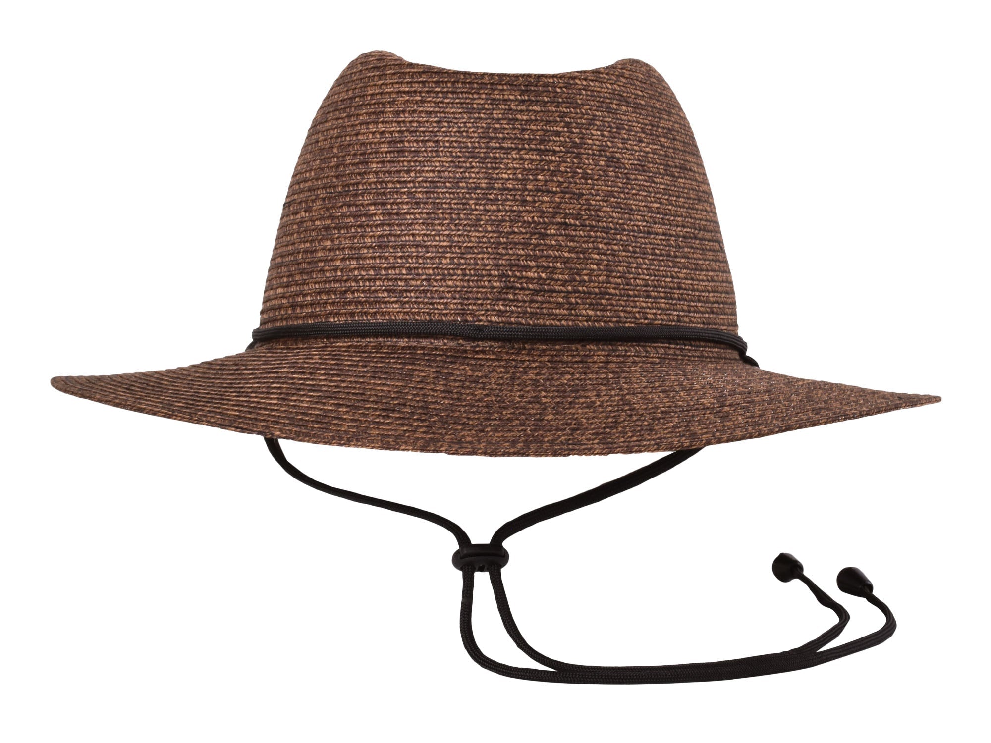 Brown straw hat with a black chin strap on a white background