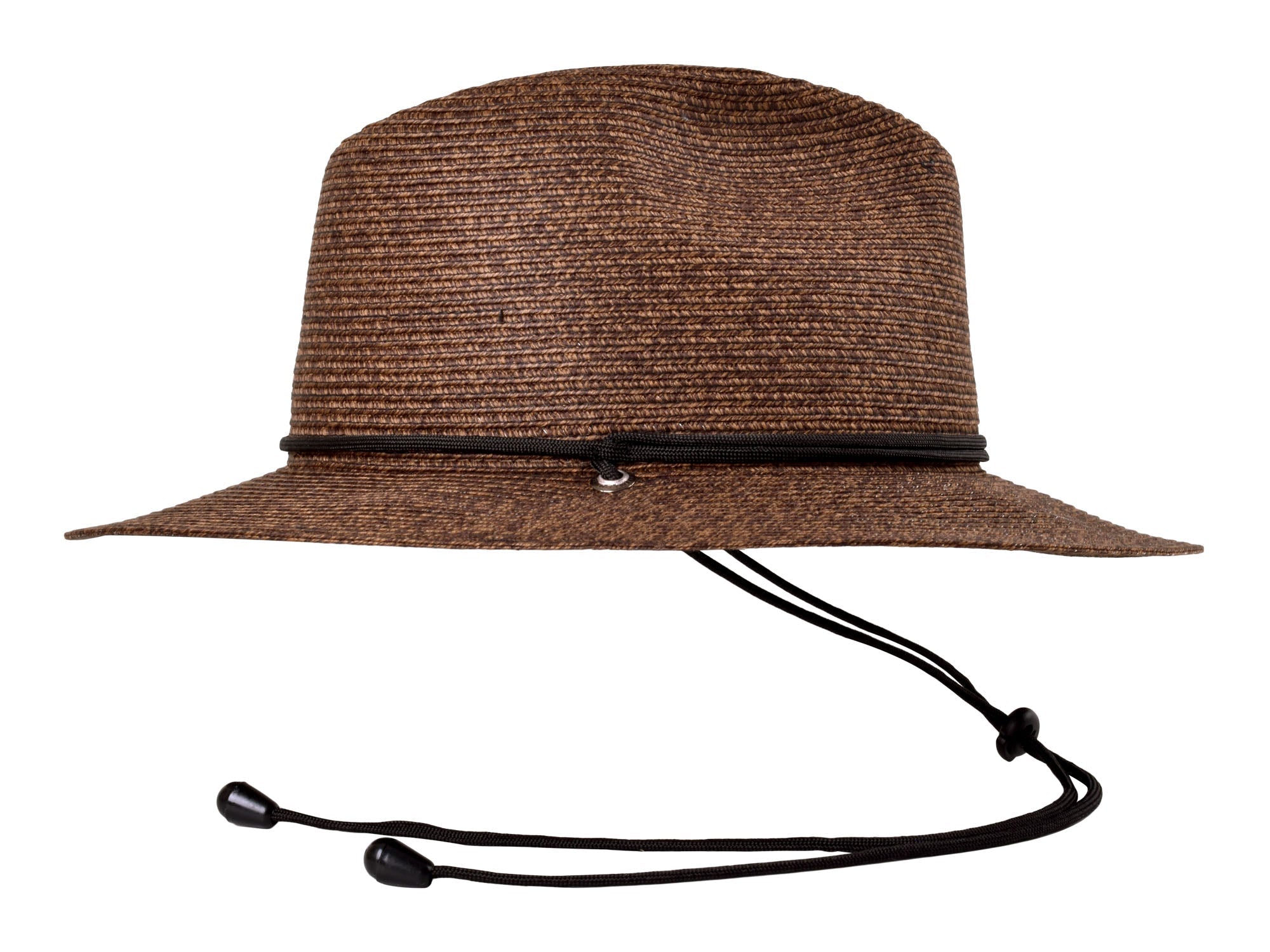 Brown straw hat with a black chin strap on a white background
