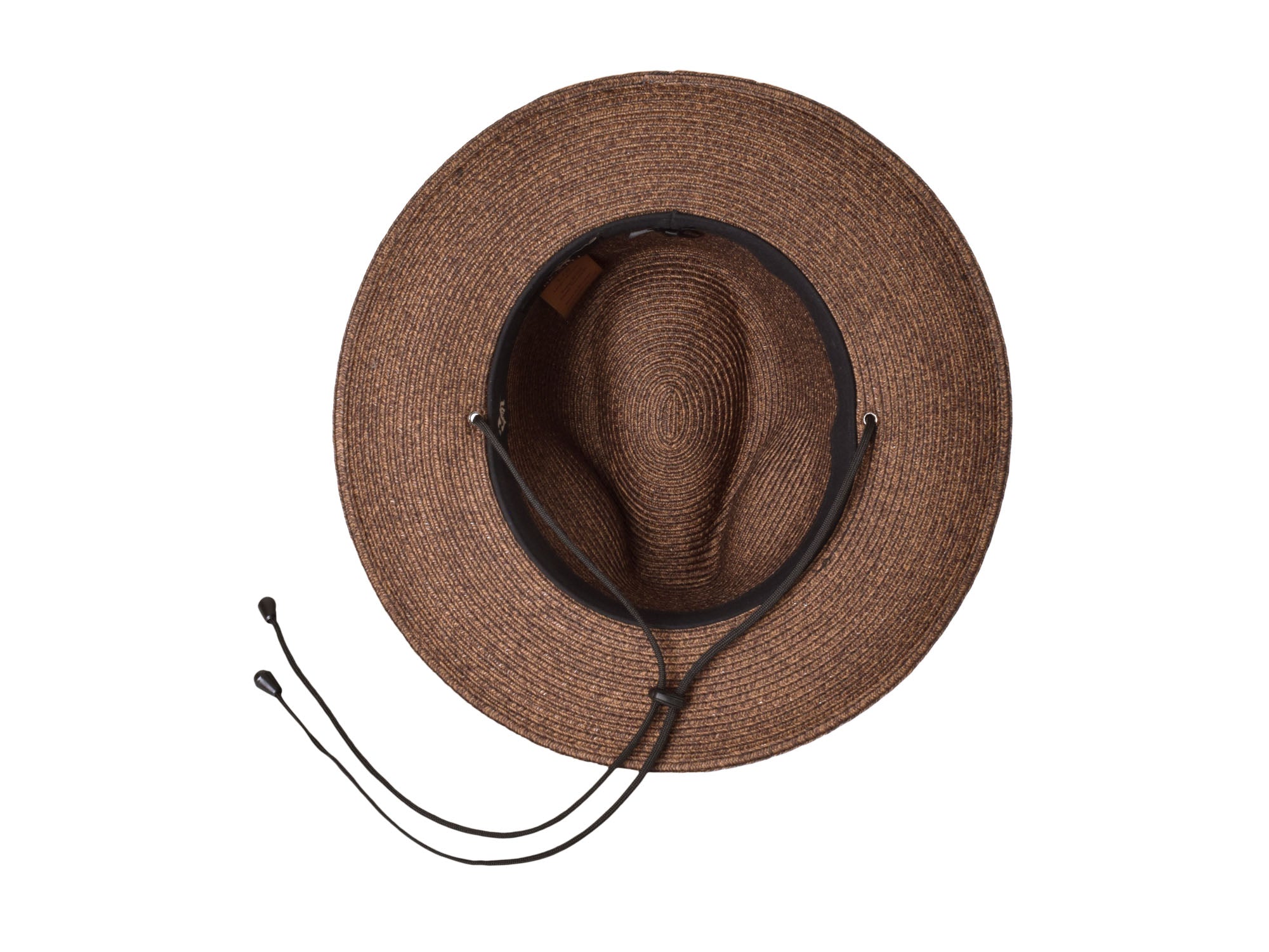 Brown straw hat with black band on a white background