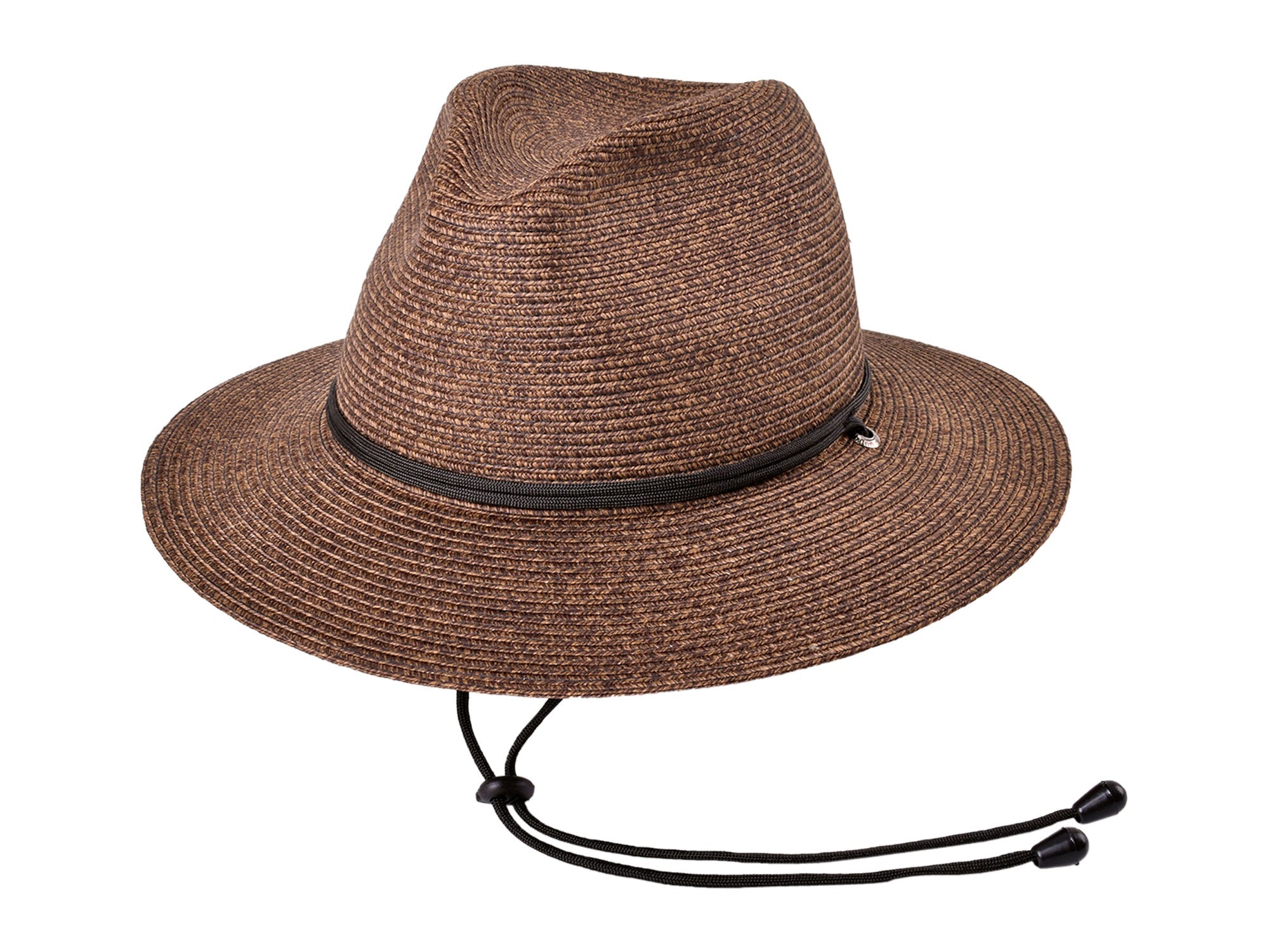 Brown straw hat with a black band on a white background