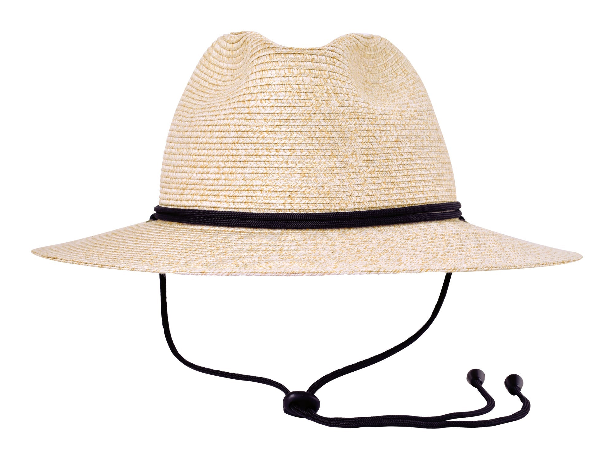 Beige straw hat with a black band on a white background