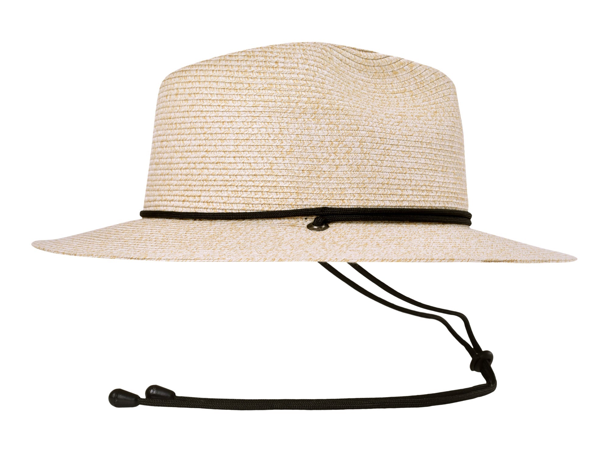 Beige straw hat with a black band on a white background