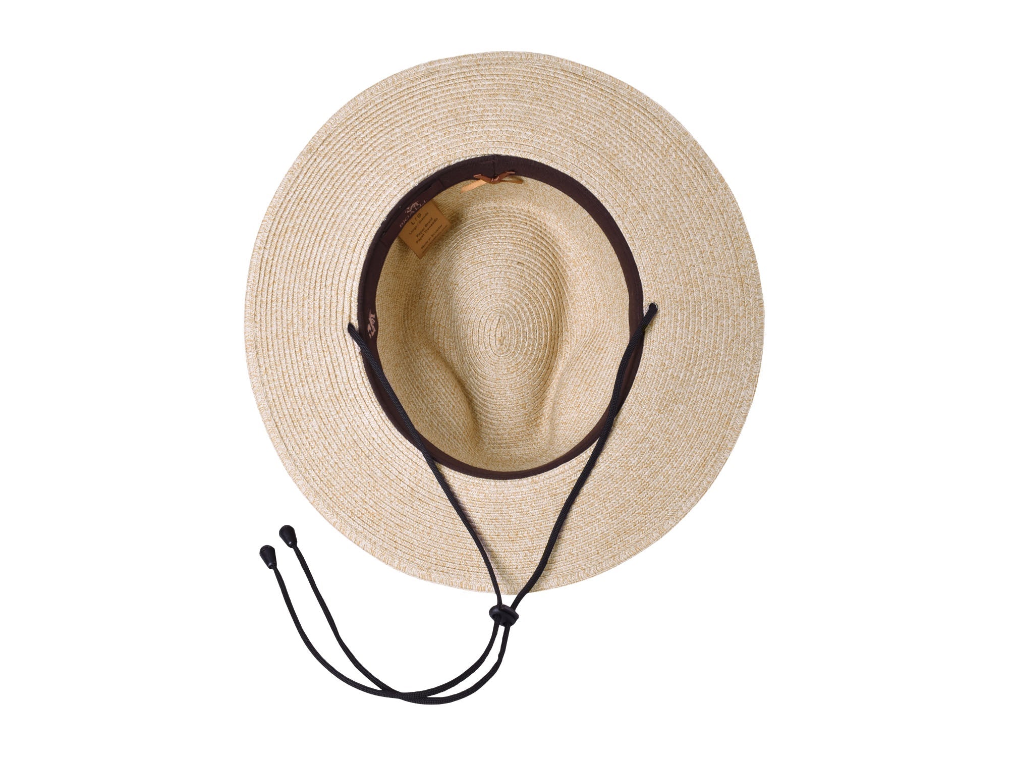 Beige straw hat with black band on a white background