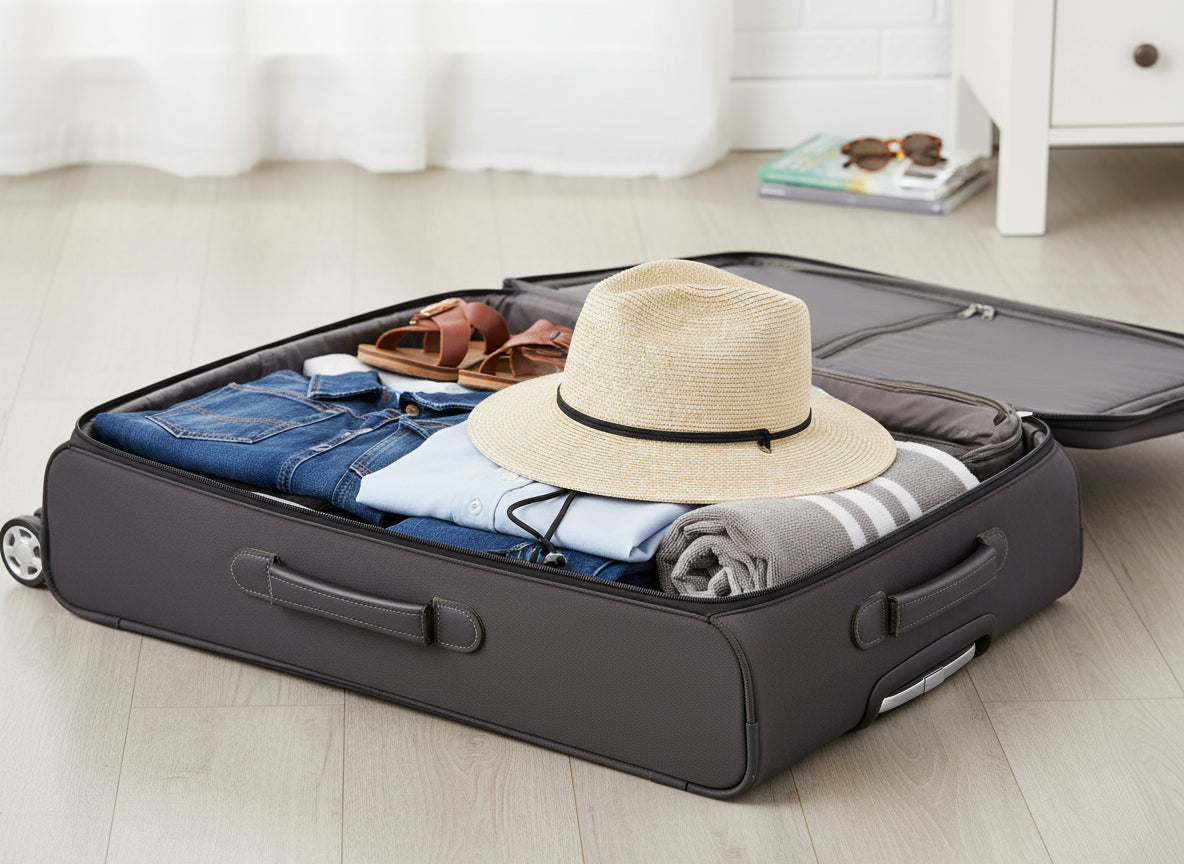 Beige straw hat with black band and chin strap on a white background