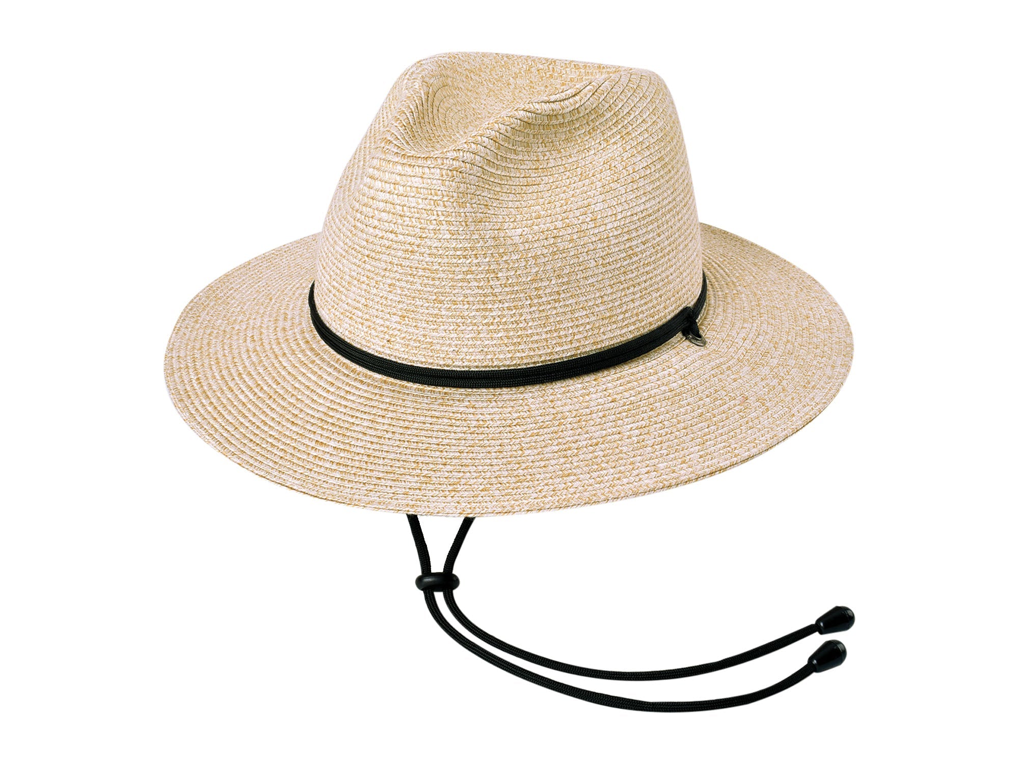 Beige straw hat with black band and chin strap on a white background