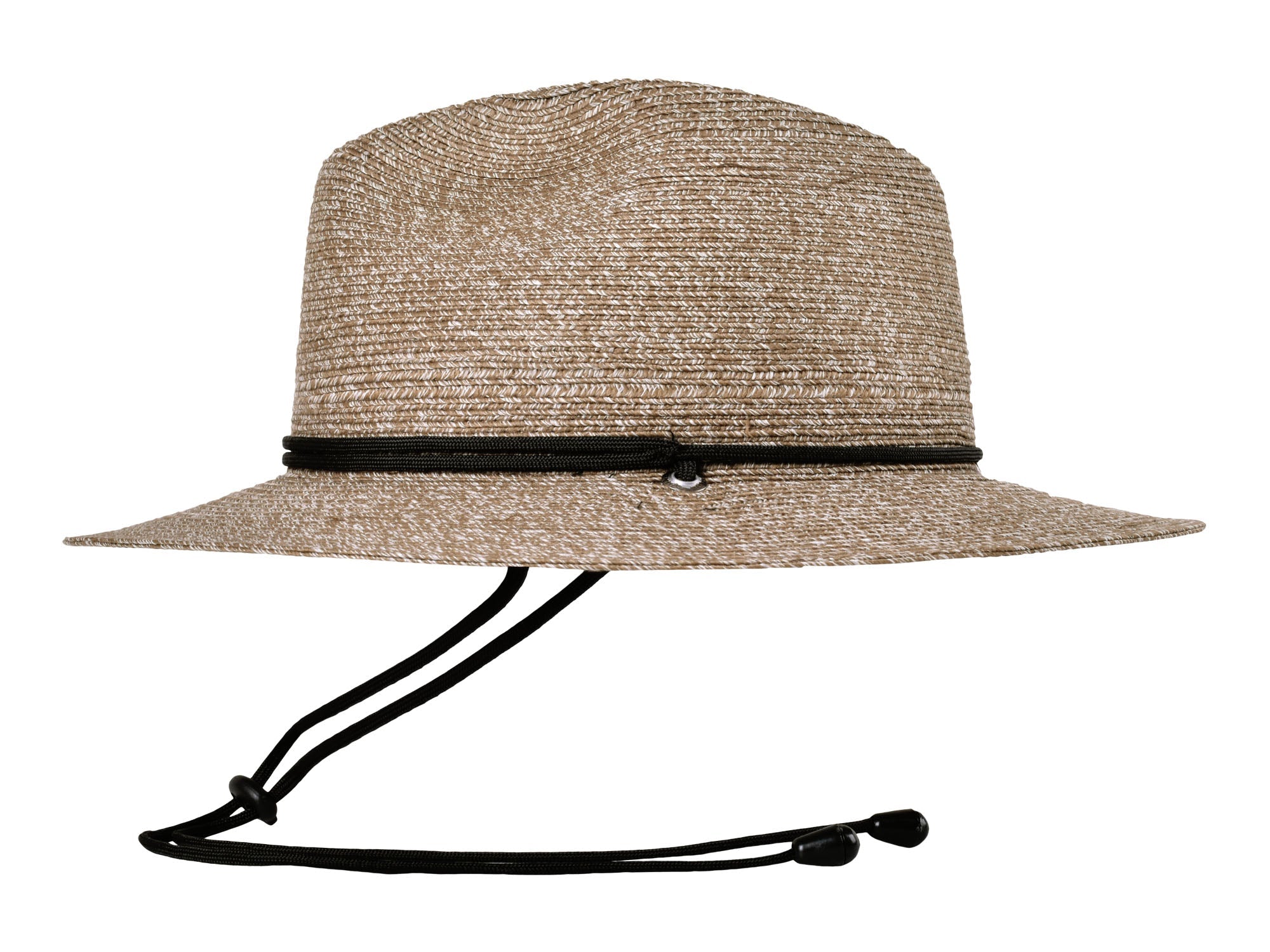Beige straw hat with a black band on a white background